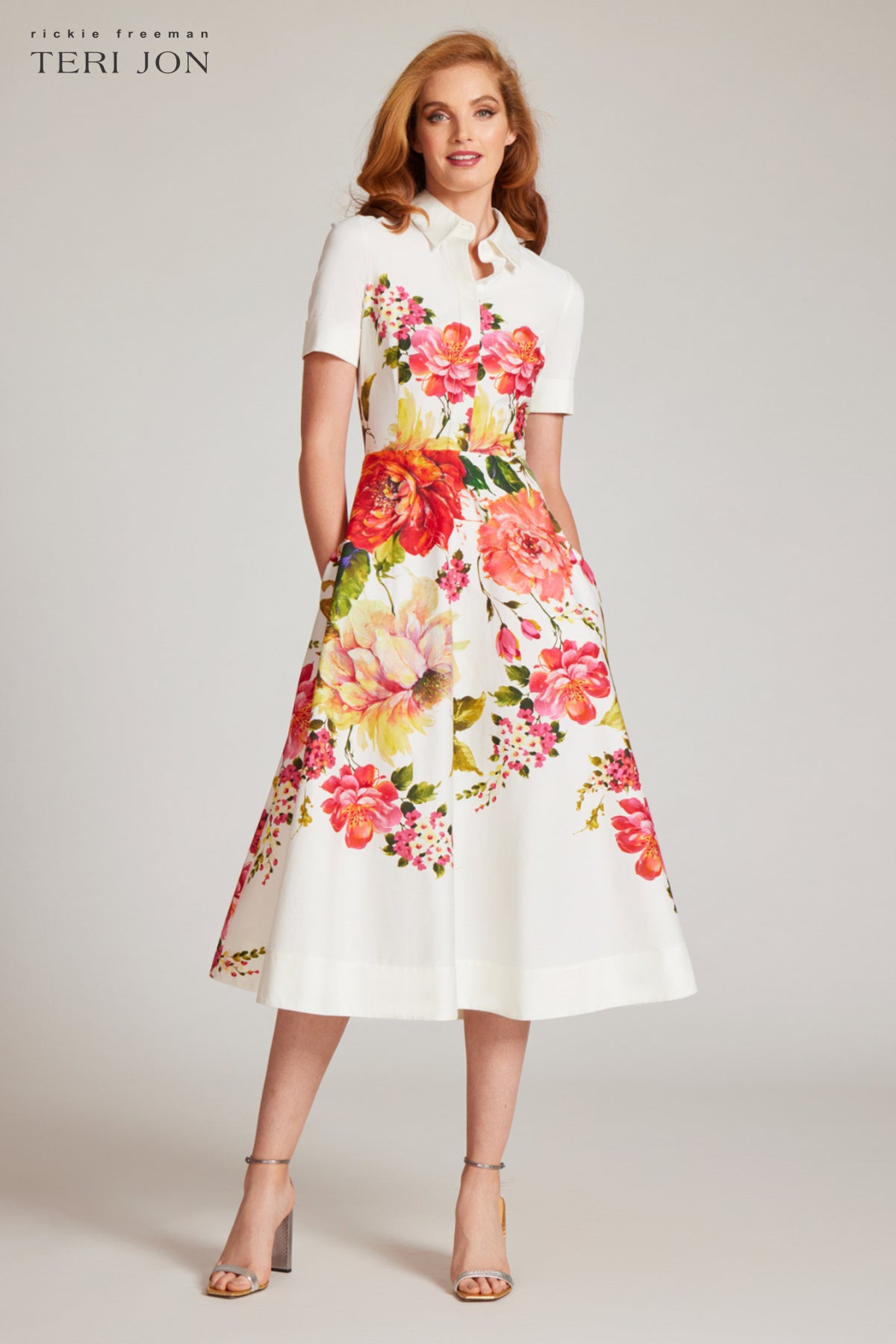 Teri Jon Bold Floral Print Shirt Midi Dress - Pink Multi