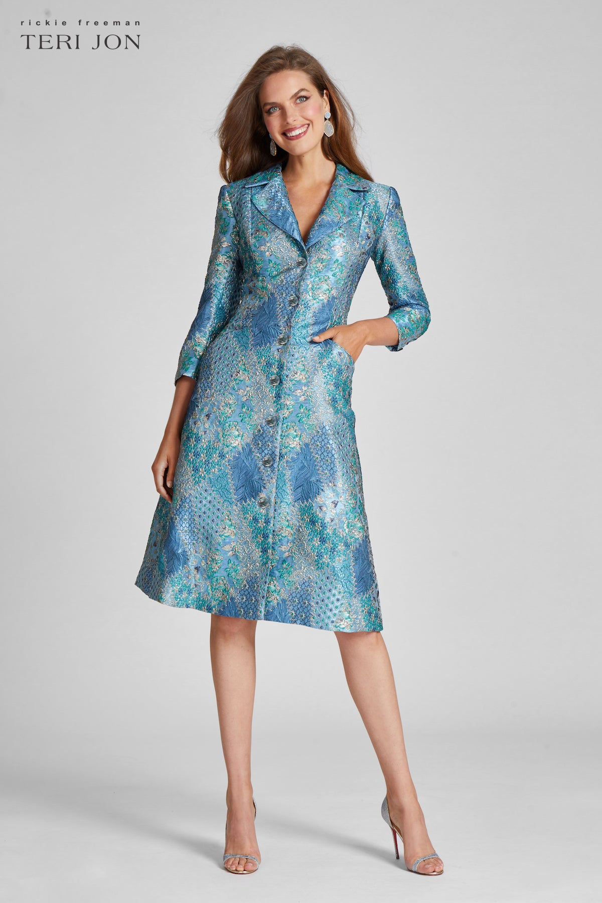 Tonal Metallic Pattern Coat Dress With A Line Skirt – Terijon.com
