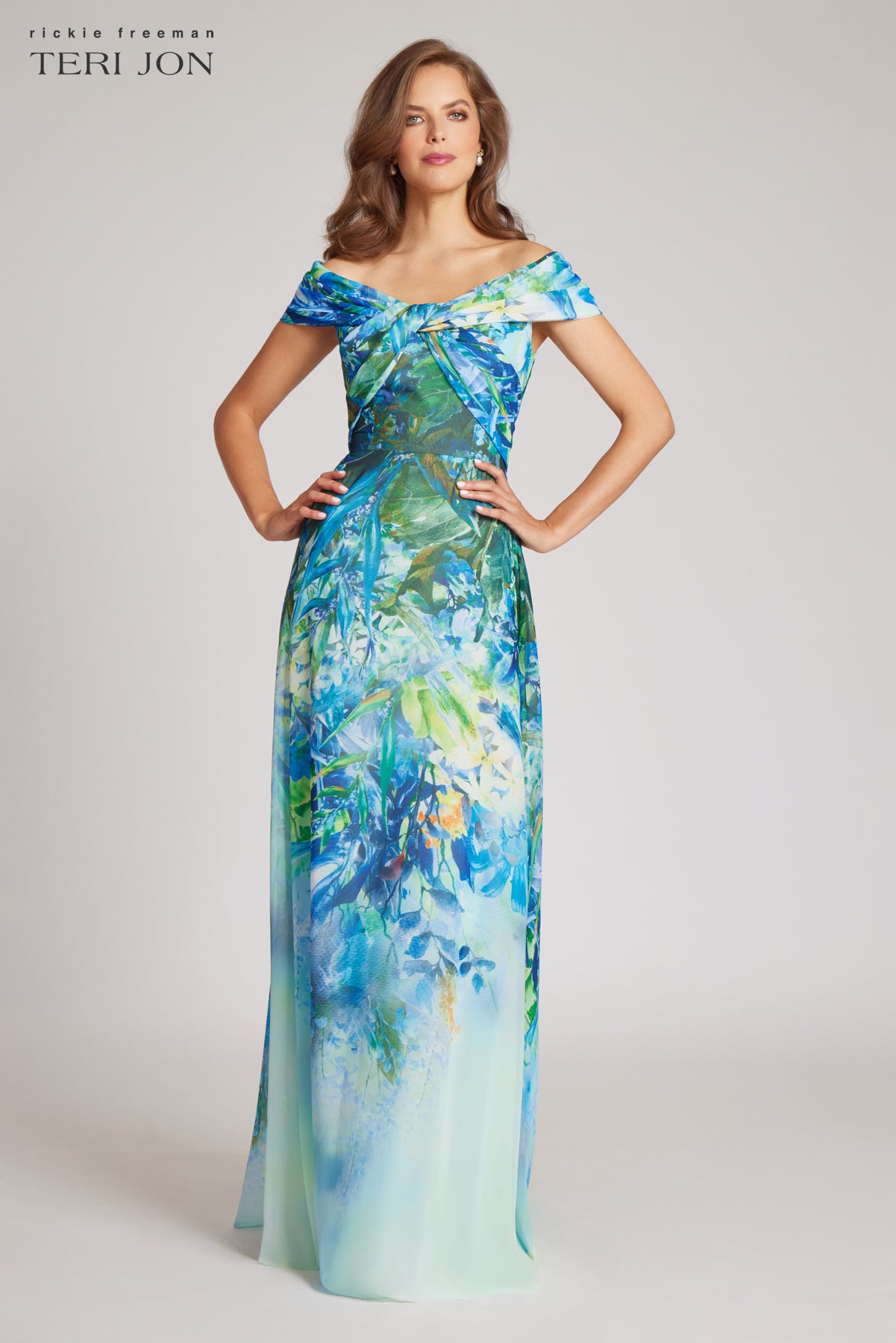 Chiffon Off The Shoulder Print Gown  Terijon.com
