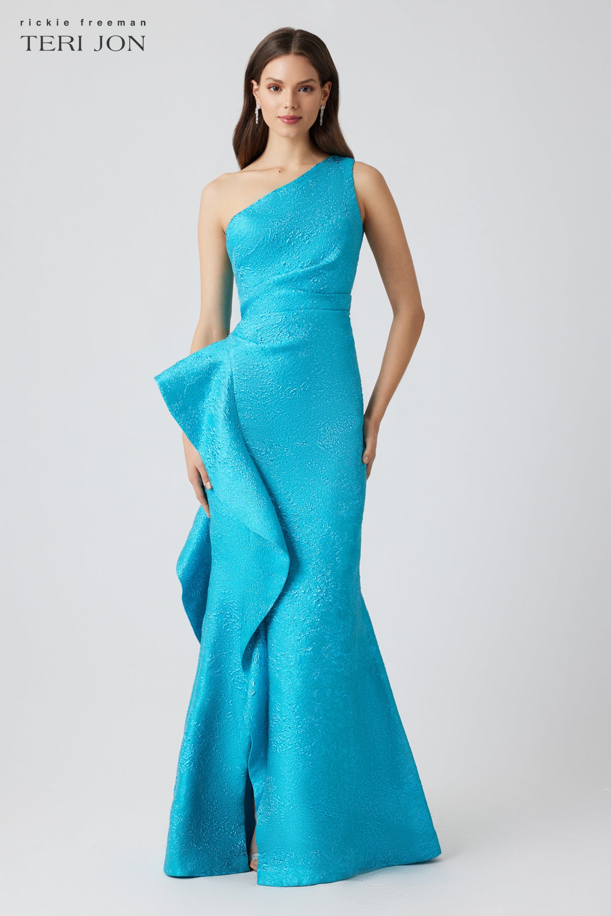Jacquard Side Ruffle One Shoulder Gown – Terijon.com