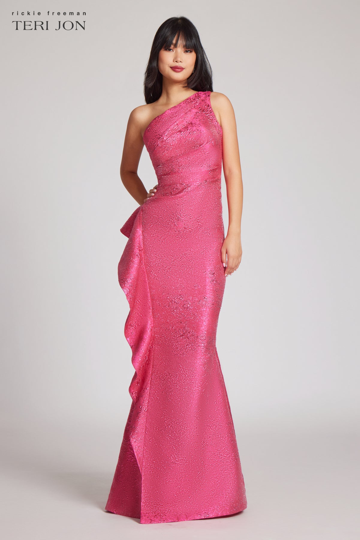 open lace back dress Darling Damsel Fuchsia Satin One Shoulder Midi Dress main image 0