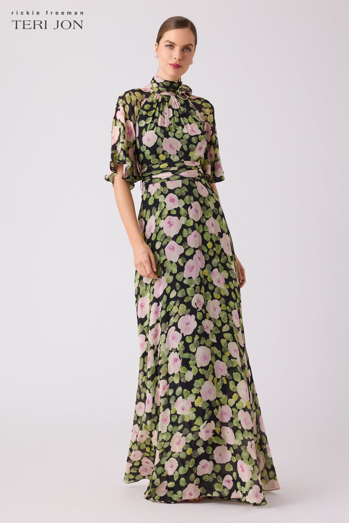 Chiffon Floral Flutter Sleeve Mock Neck Maxi Dress – Terijon.com