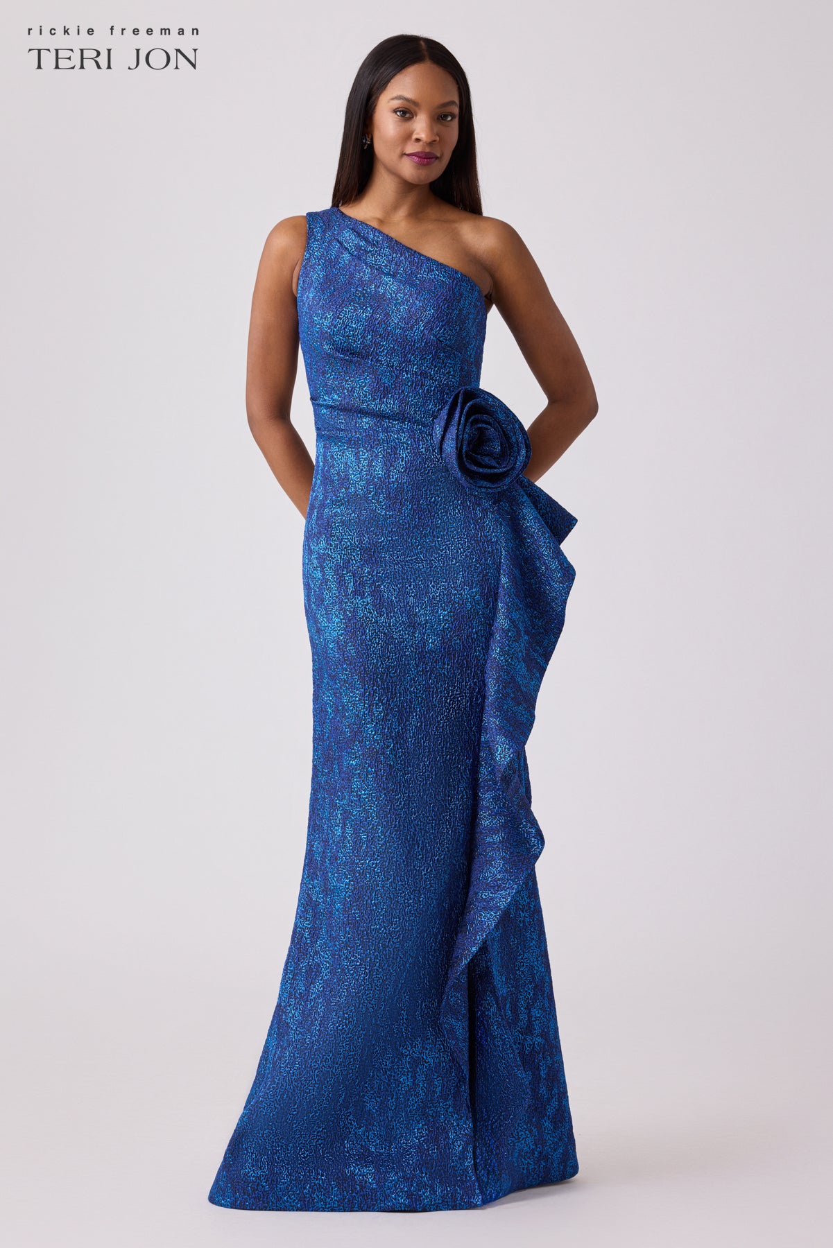 Jacquard Side Ruffle Gown with 3D Drape Terijon