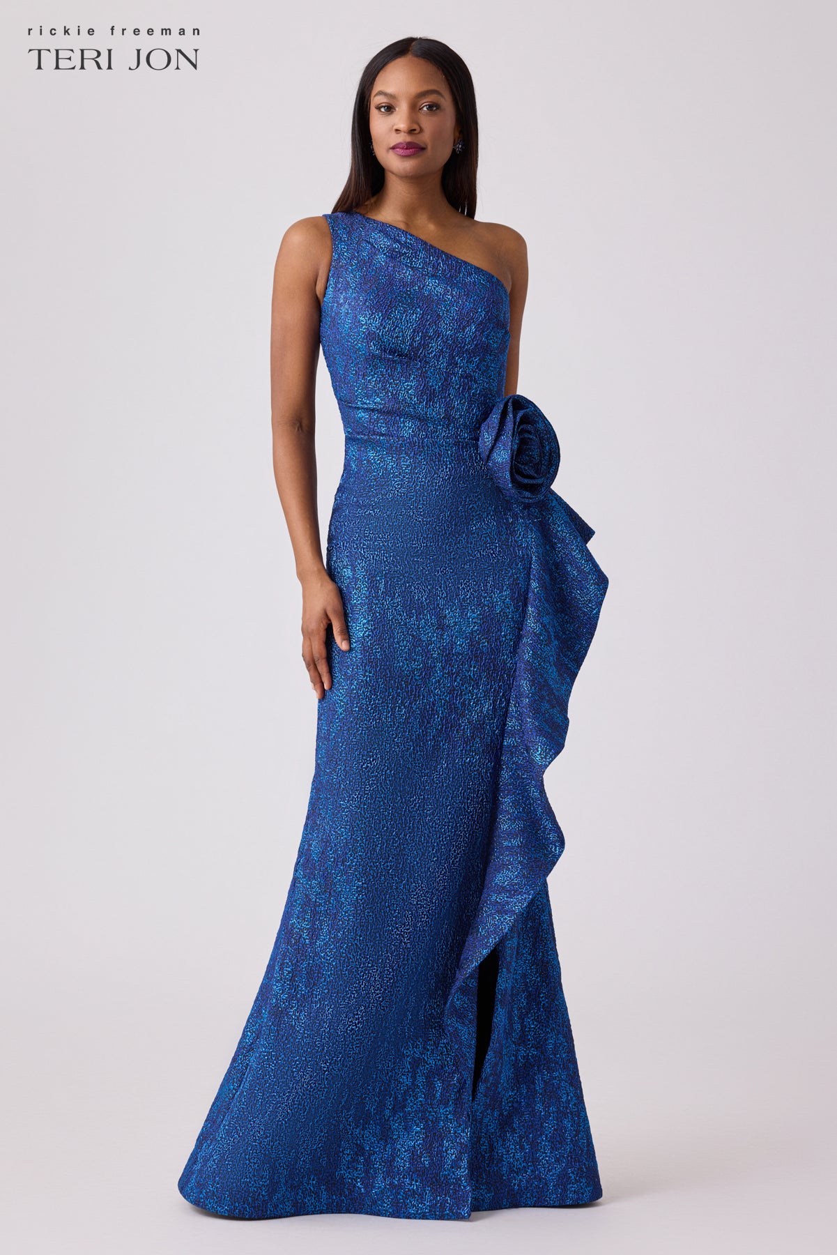 Teri Jon Jacquard Side Ruffle Gown with 3D Drape