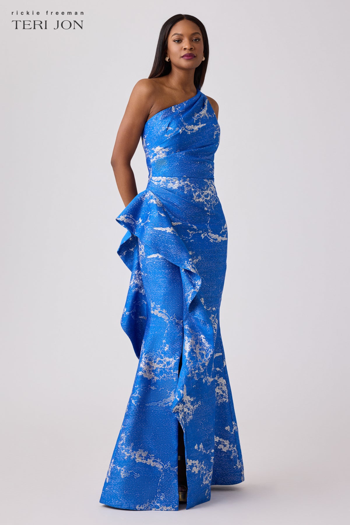 Metallic Jacquard One Shoulder Side Ruffle Gown – Terijon.com