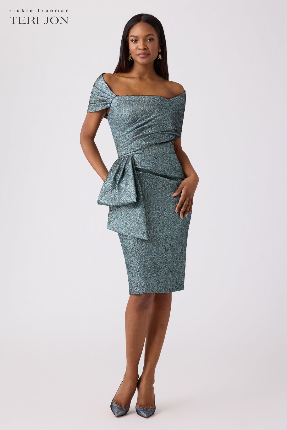 Stretch Metallic Faux Wrap Bodice Sheath Dress Terijon
