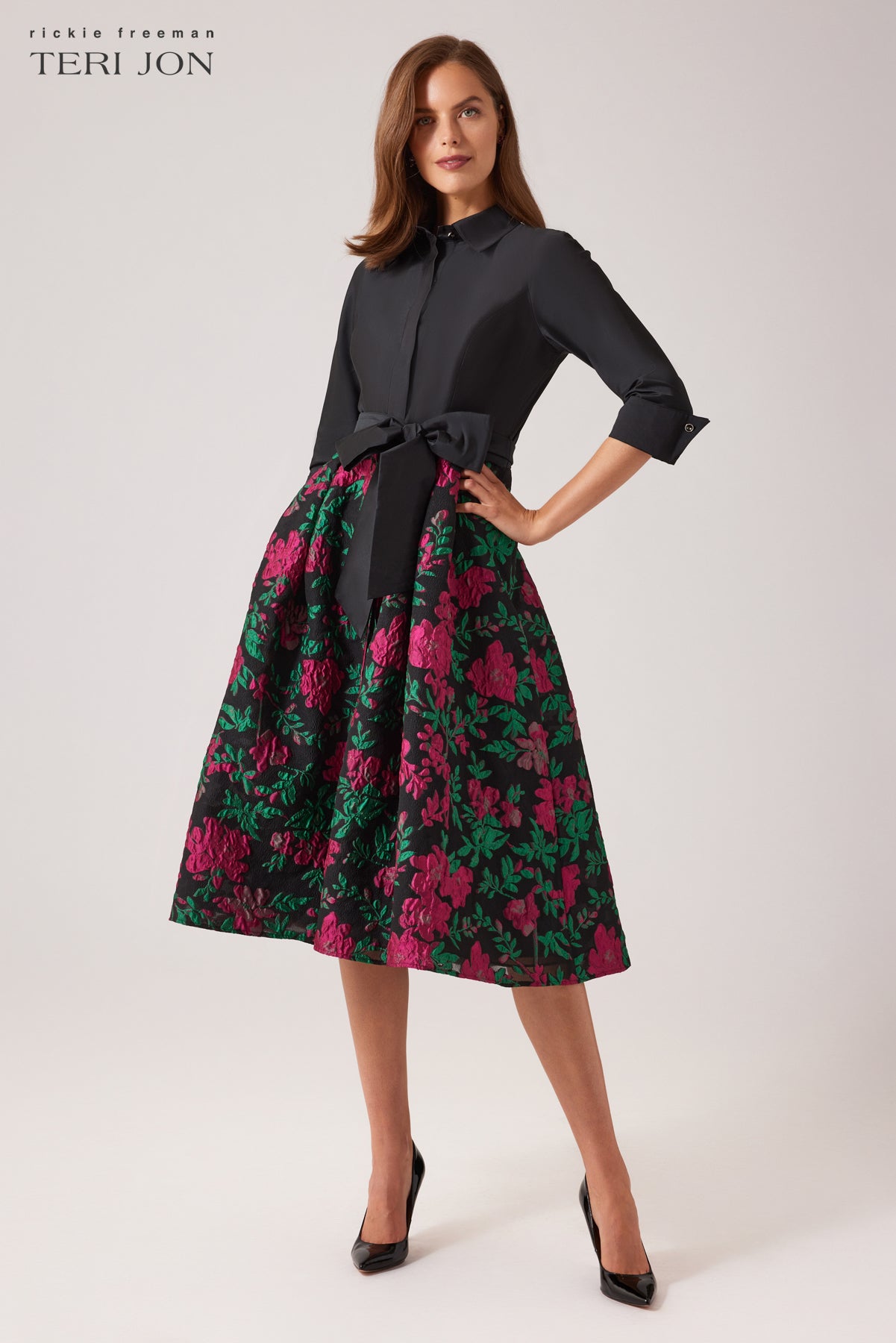 Floral Jacquard Shirt Waist Cocktail Dress Terijon