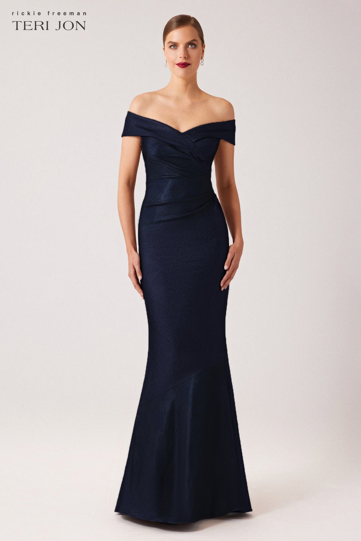 teri jon by rickie freeman off the shoulder dress Metallic Jacquard Portrait Off Shoulder Gown