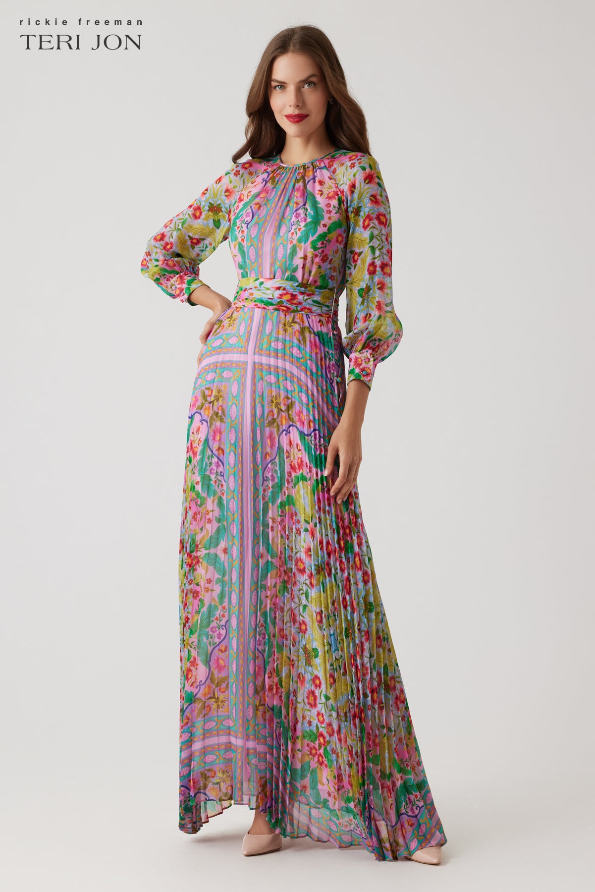 Patchwork Printed Chiffon Pleated Gown – Terijon.com