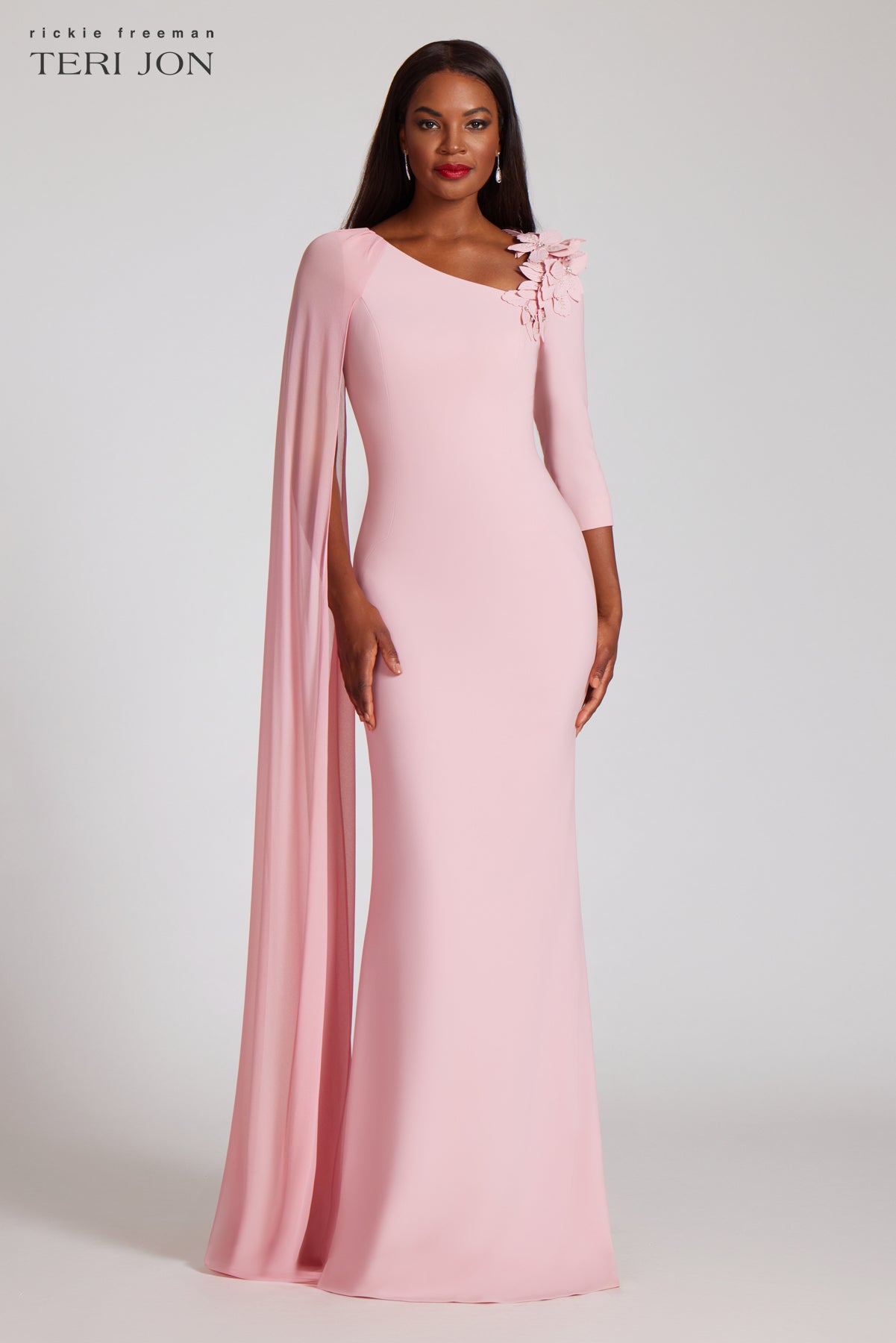 Off-the-Shoulder Crepe Gown with 3D Floral Neckline –