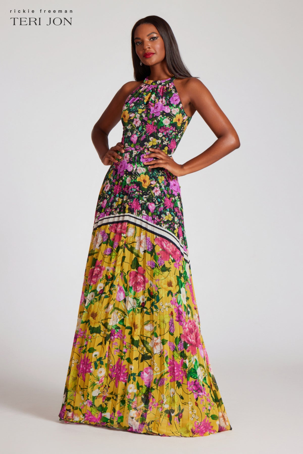 Floral Pleated Halter Neck Gown Terijon