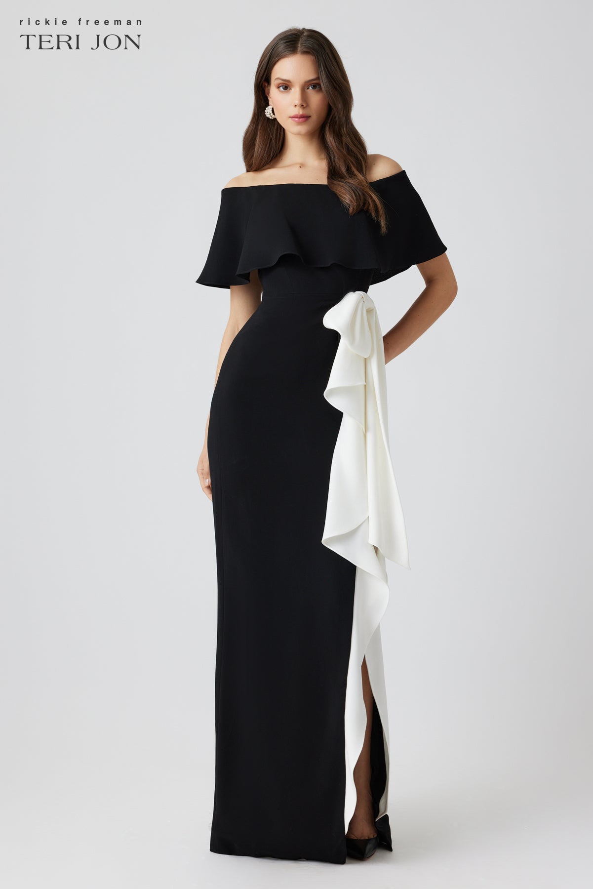 Teri Jon Crepe Off-the-Shoulder Flounce Bow Gown Size 10