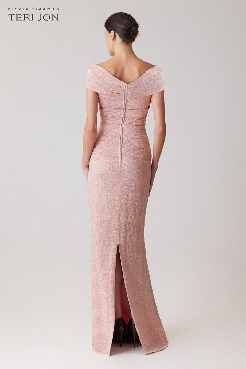 Off-the-Shoulder Pleated Gown with Surplice Bodice Gold main image 1
