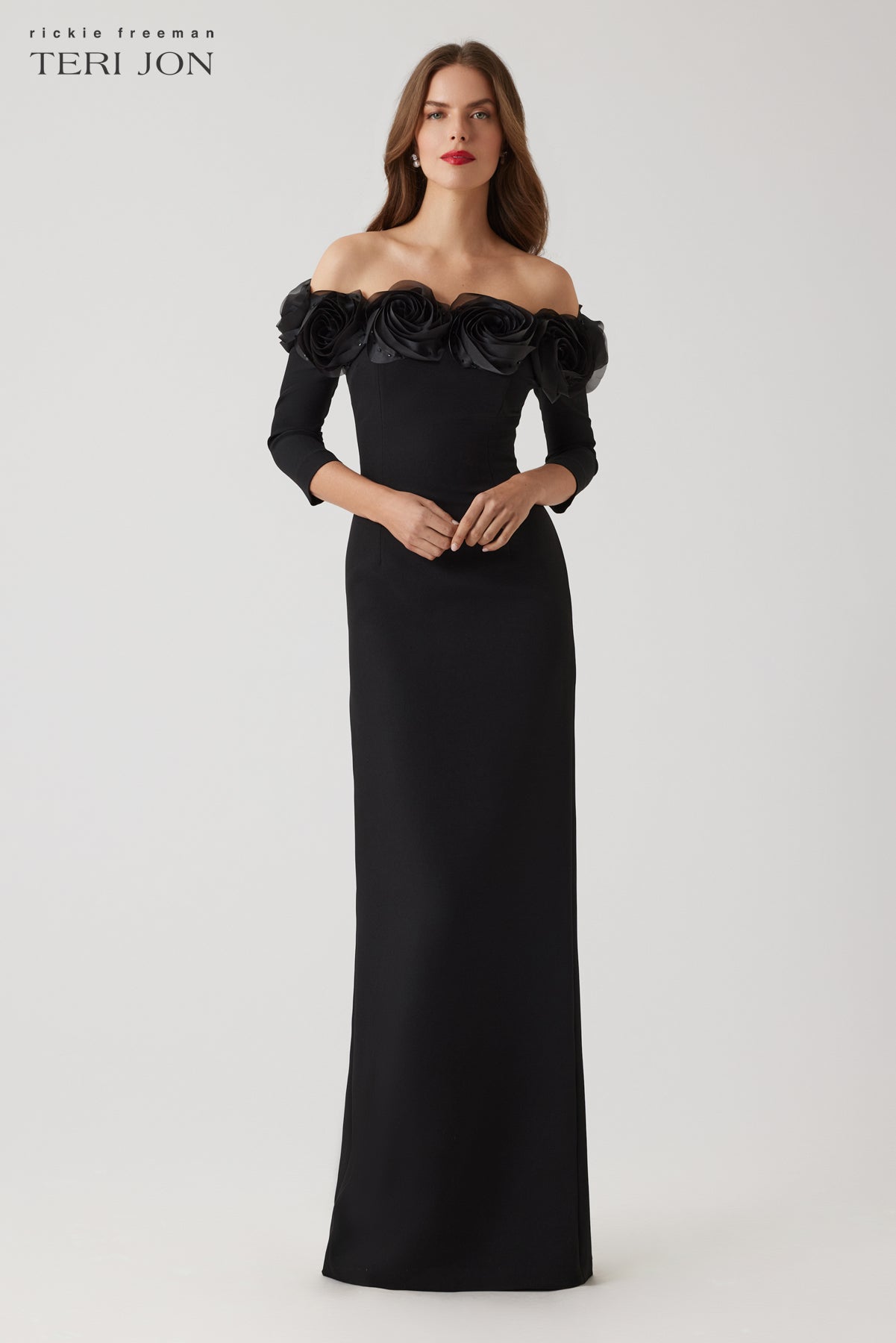 teri jon by rickie freeman crepe off-the-shoulder embroidered tulle dress Crepe 3D Flower Off The Shoulder Gown – Terijon.com