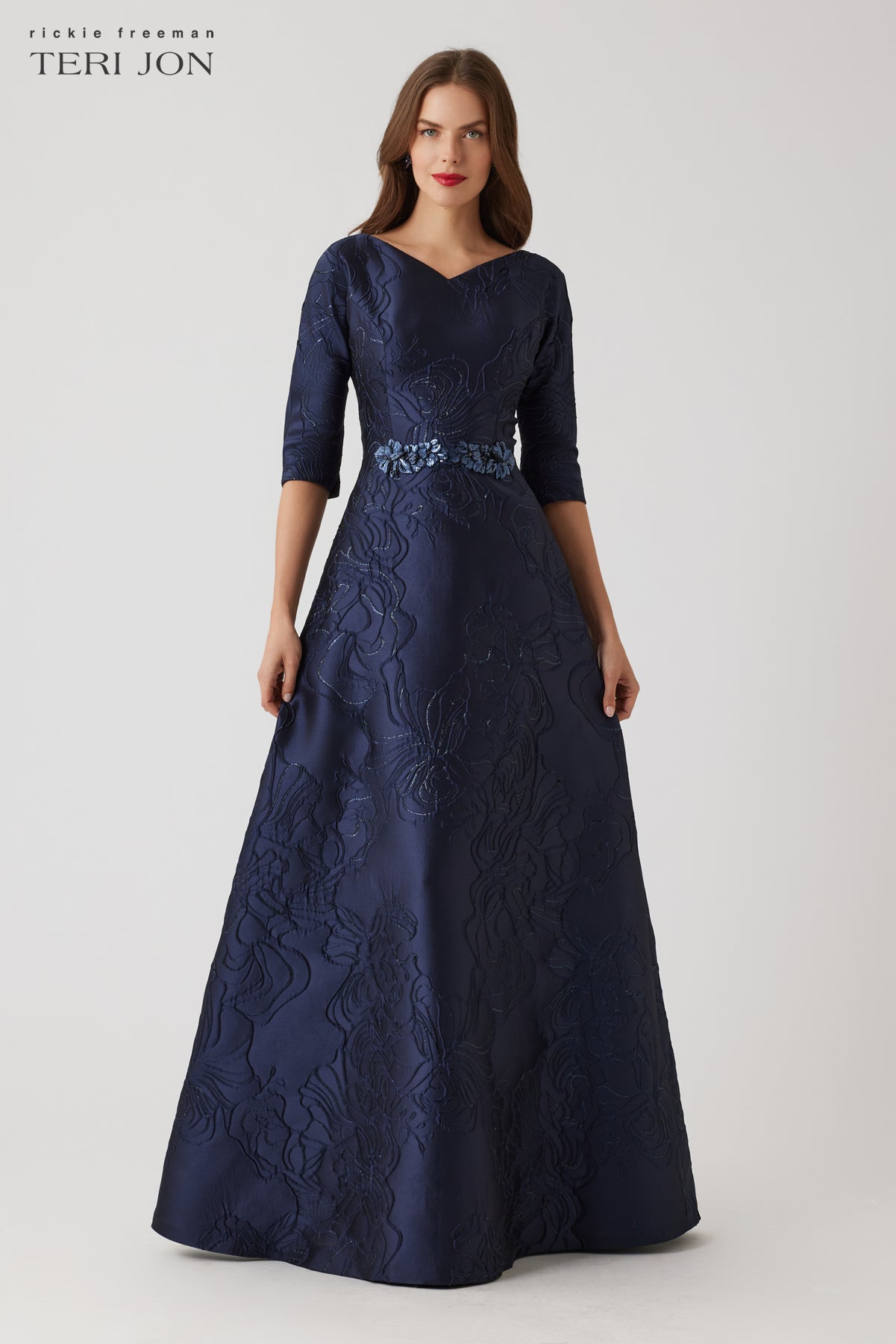 Floral Metallic Jacquard A Line Beaded Gown