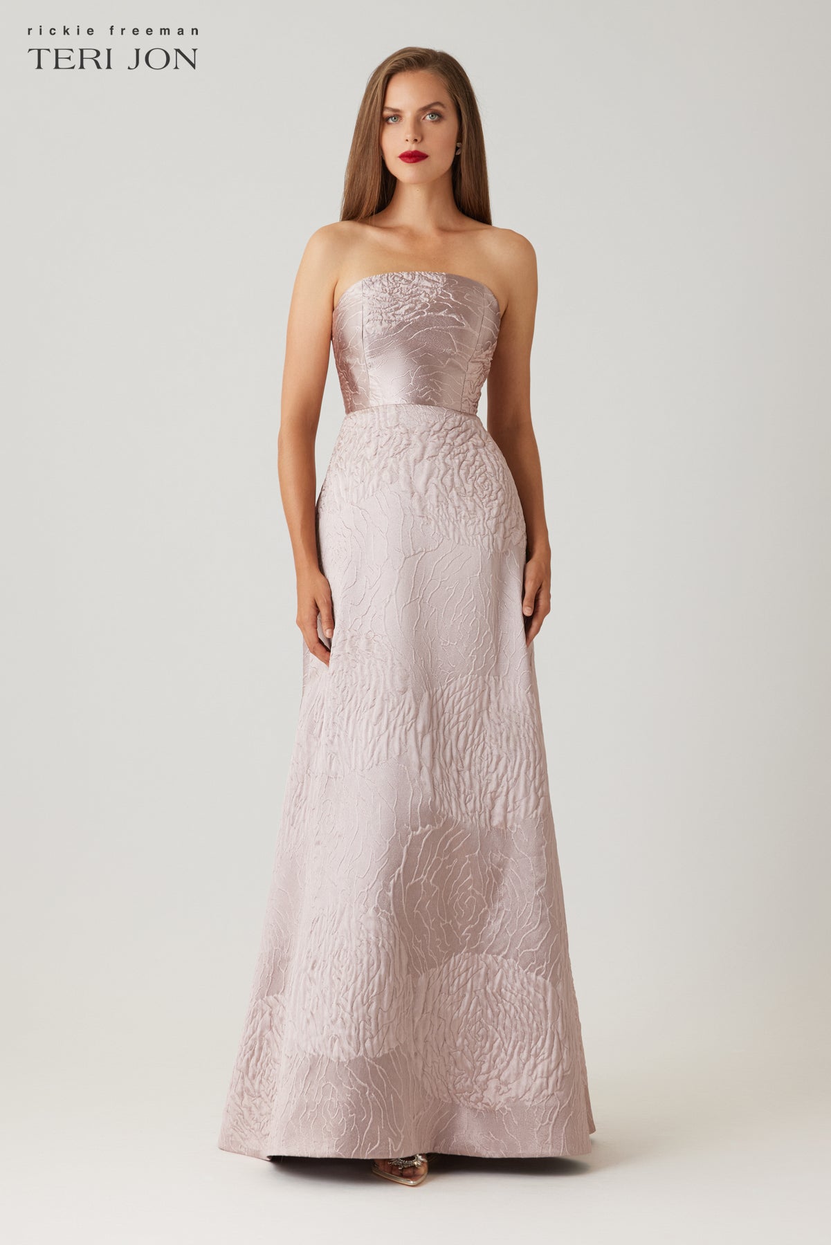 Jacquard Strapless Flower Motif Gown – Terijon.com