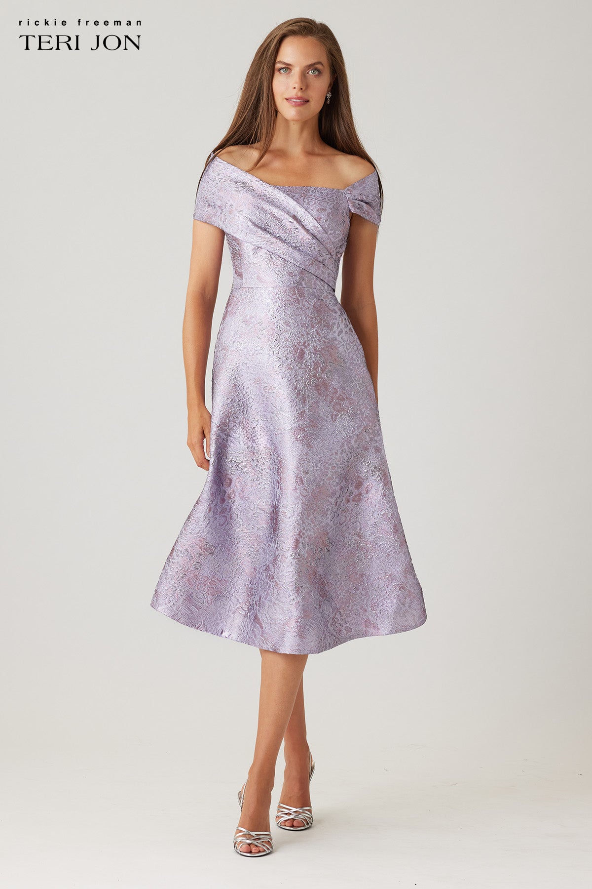 Teri Jon Metallic Jacquard Off Shoulder Midi Dress - Lilac Multi