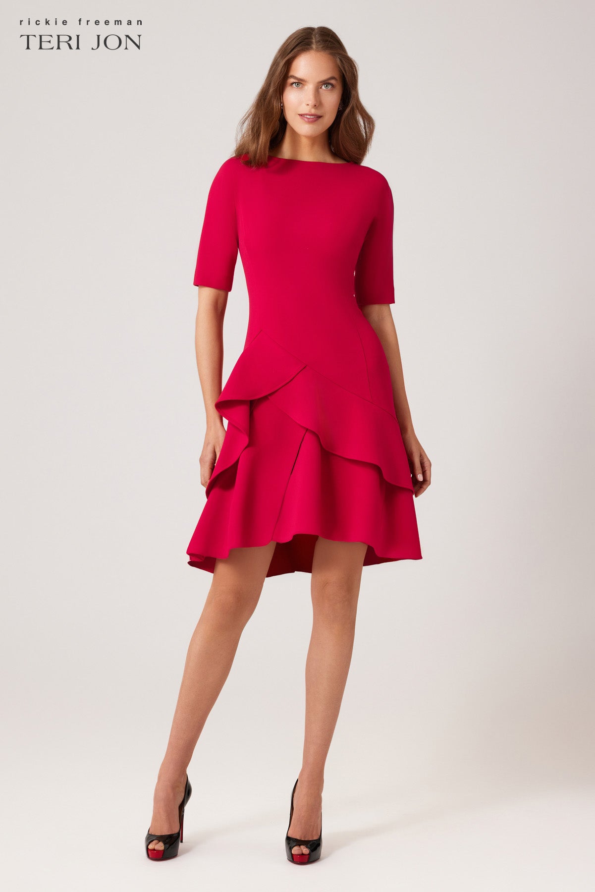 Teri Jon Stretch Crepe Double Ruffle Hem Dress Size 4