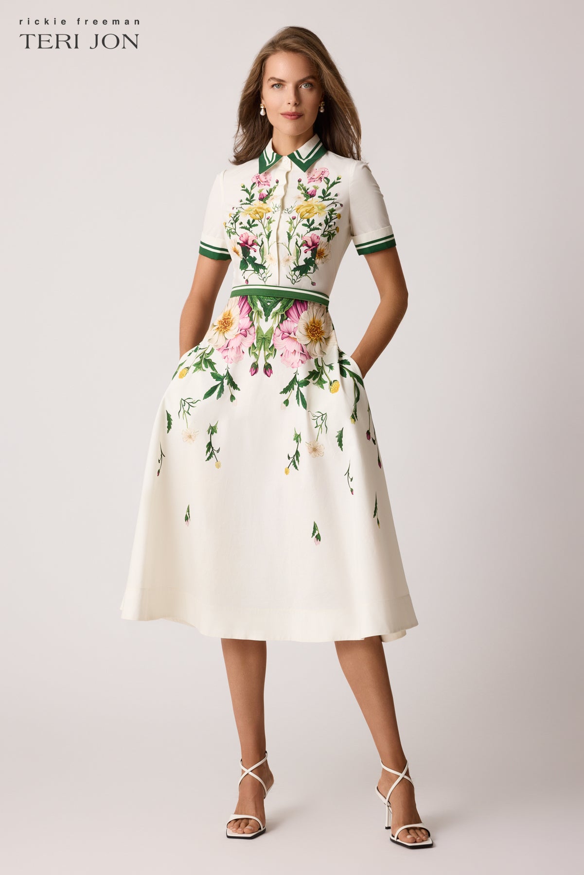 Teri Jon Floral Cotton Midi Shirt Dress Size 14