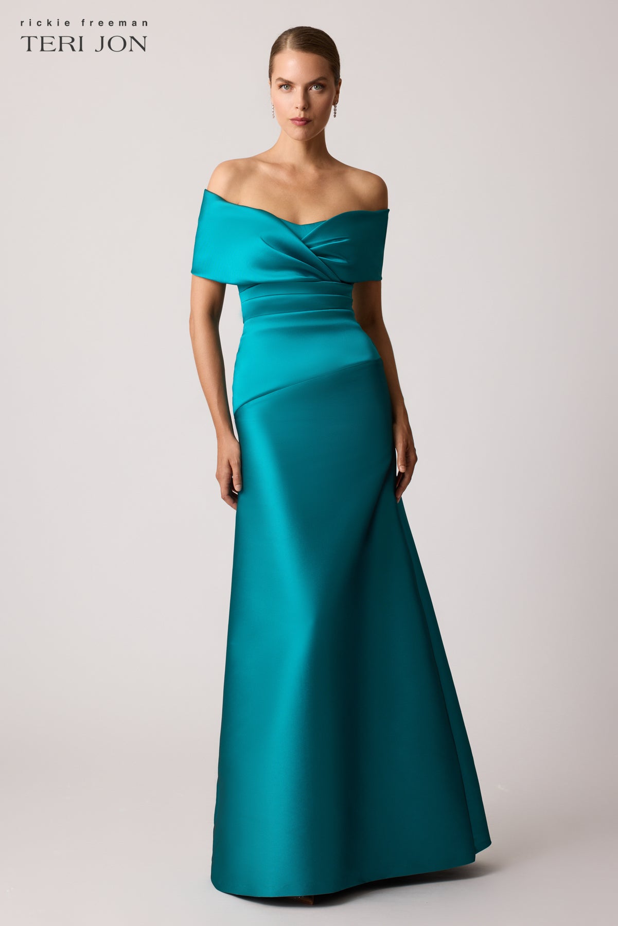 teri jon off the shoulder dress Stretch Mikado Off Shoulder Ruched Gown