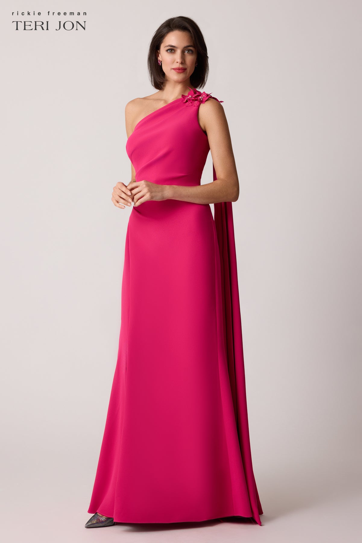 ruched one-shoulder stretch crepe dress Rickie Freeman For Teri Jon One Shoulder Gown