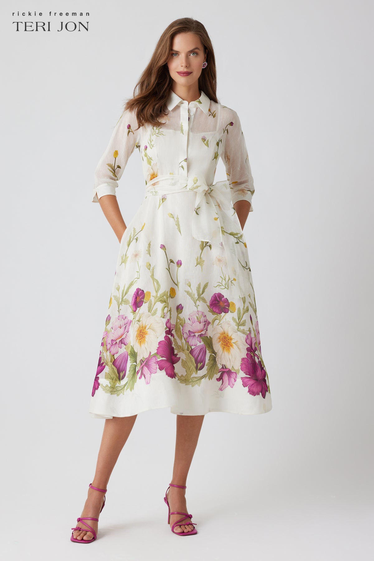 Rickie Freeman For Teri Jon Silk And Linen Floral Dress