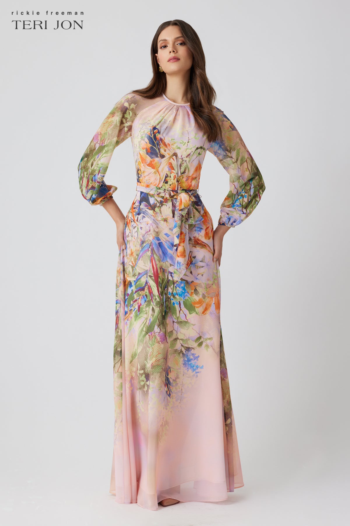 Teri Jon Floral Chiffon Maxi Gown with Long Sleeves Size 4 Teri Jon Floral Chiffon Maxi Gown with Long Sleeves Size 4