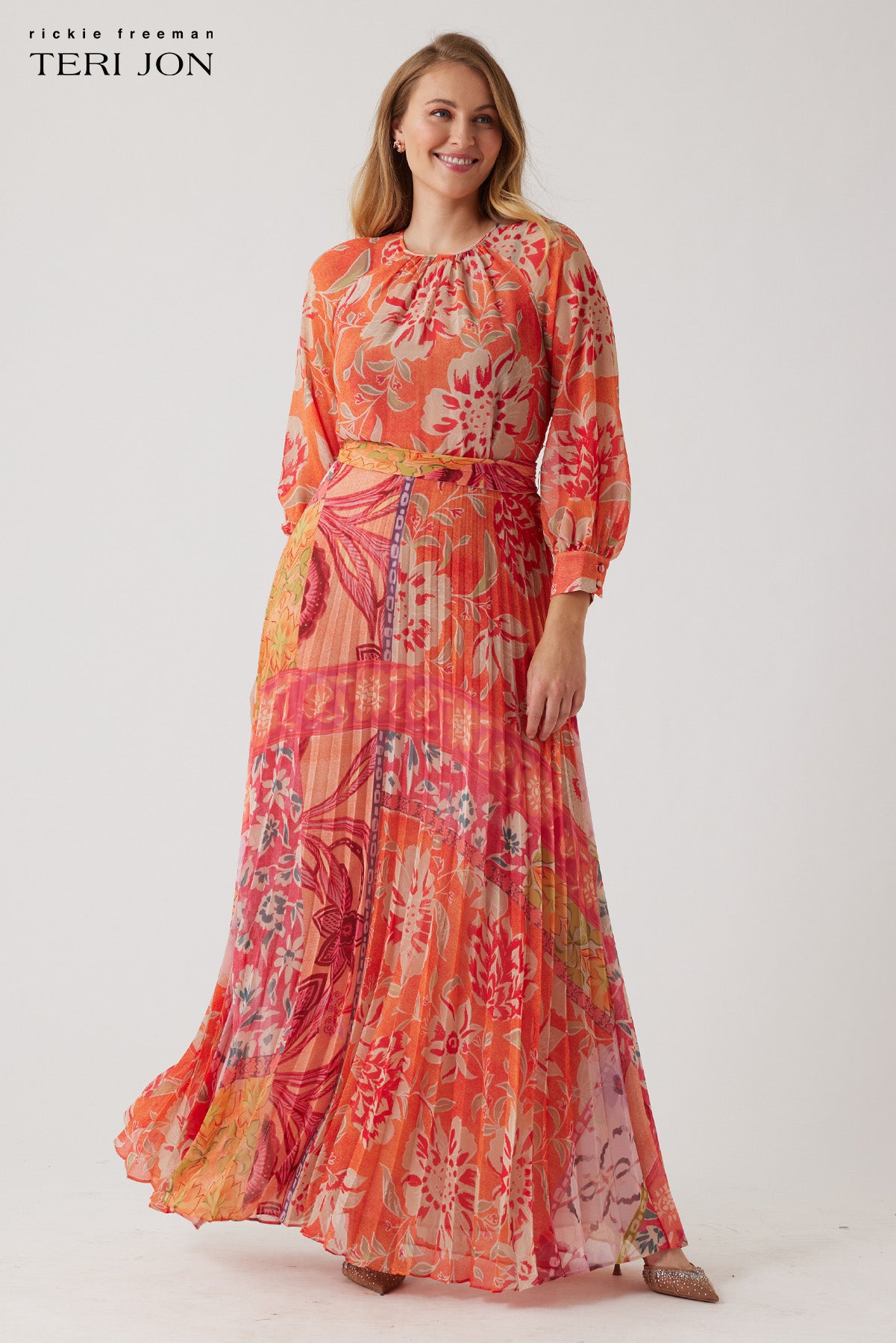 Chiffon Floral Geometric Pleated Maxi Gown – Terijon.com