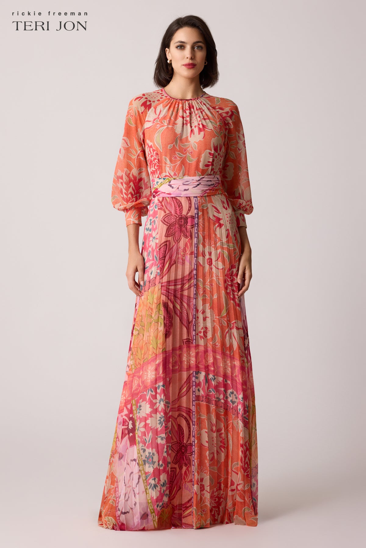 teri jon chiffon dress Chiffon Floral Geometric Pleated Maxi Gown