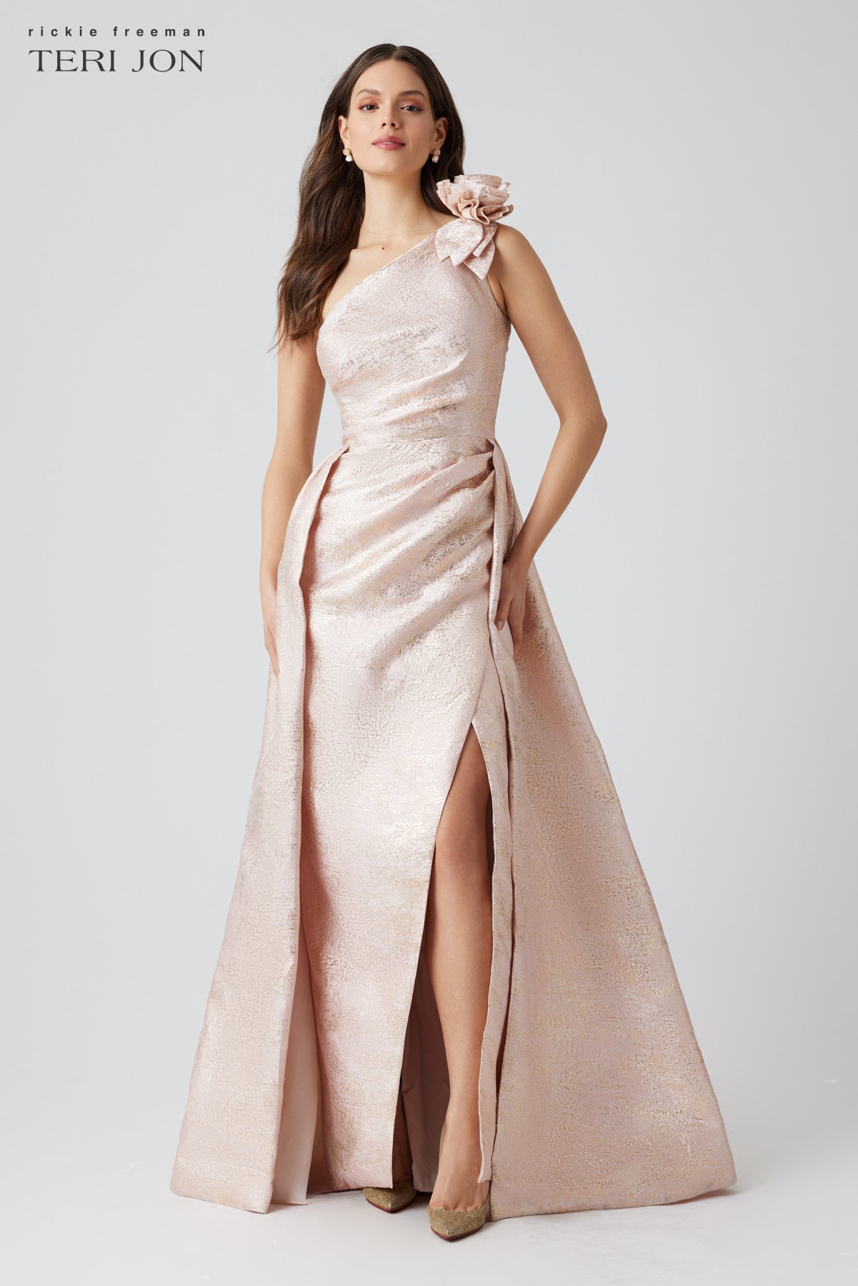 Metallic Jacquard One Shoulder 3D Flower Overlay Gown – Terijon.com