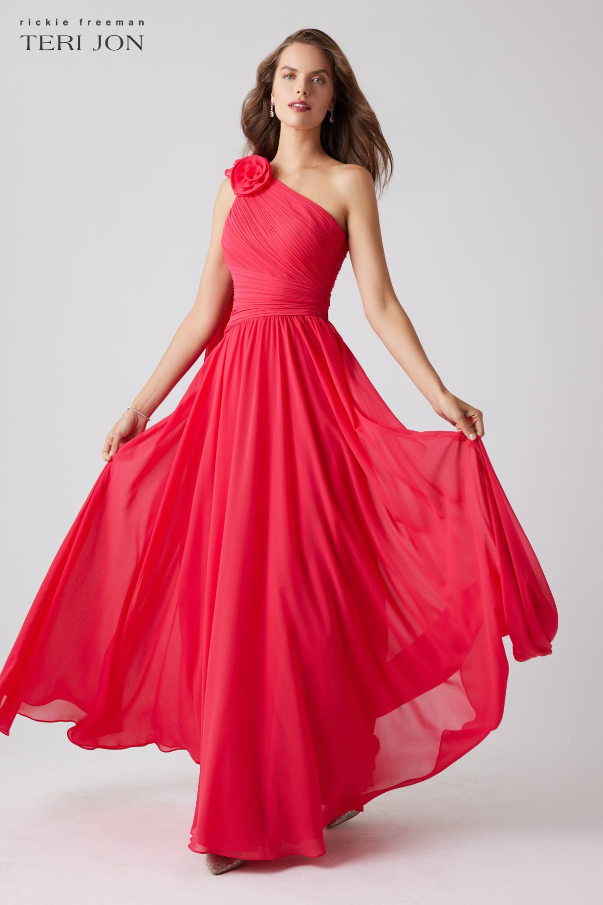 Pleated Chiffon Gown with Floral Shoulder – Terijon.com