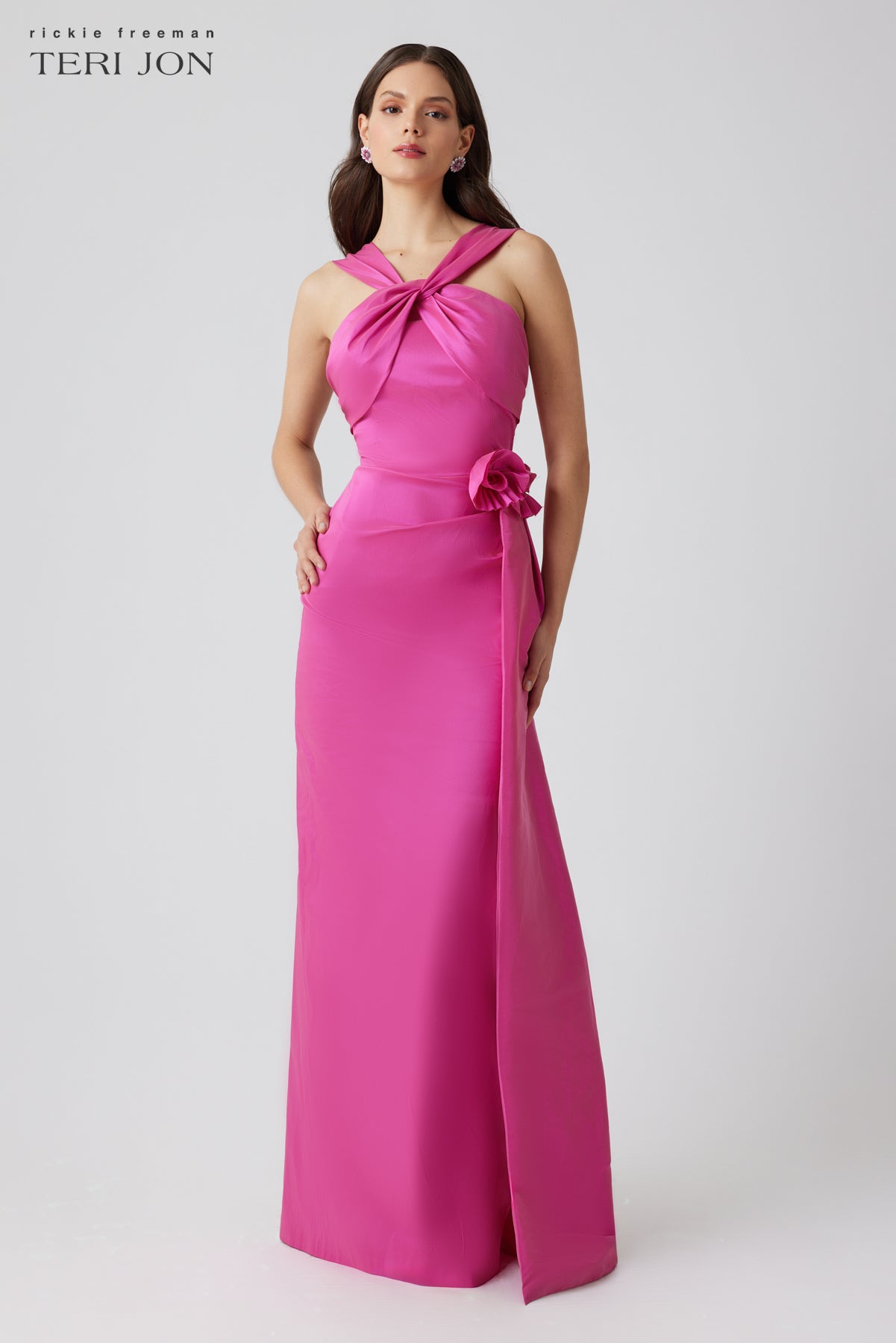 Taffeta Twist Neck Cuff Bust 3D Flower Gown – Terijon.com