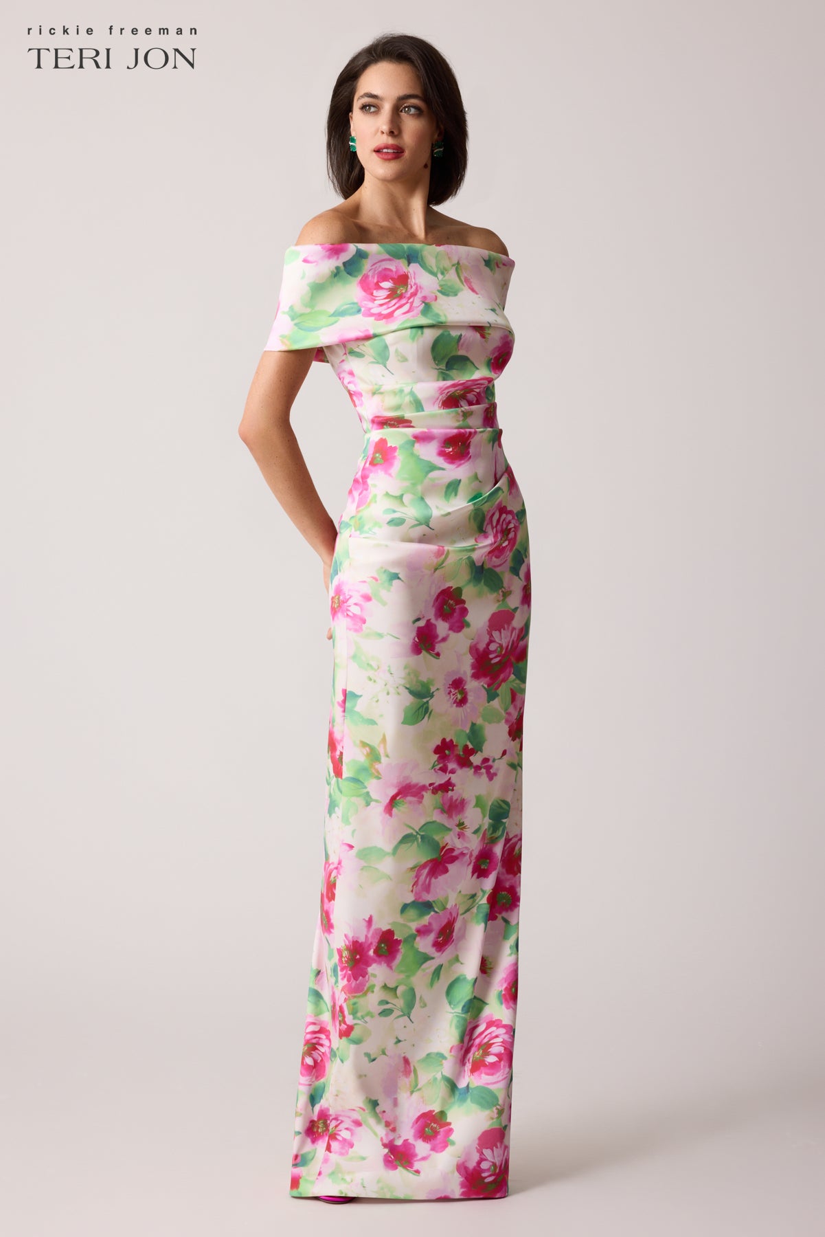 teri jon green dress Art Deco Ruched Gown in Green main image 1