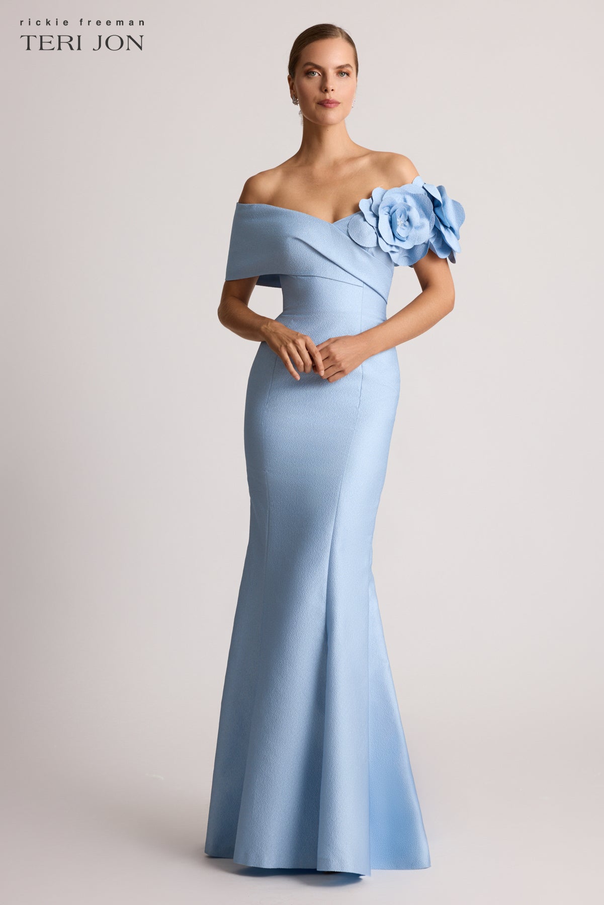 Teri Jon Pebble Jacquard 3D Flower Off The Shoulder Gown Size 16 Teri Jon Pebble Jacquard 3D Flower Off The Shoulder Gown Size 16