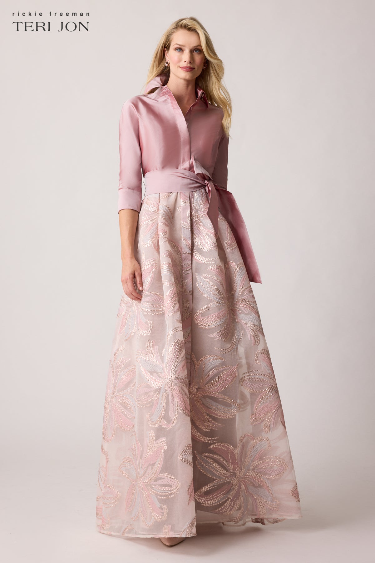 Teri Jon By Rickie Freeman Women's Taffeta Metallic Tie Waist Shirt Dress Gown - Pink - Size 18 - Dusty Pink Teri Jon By Rickie Freeman Women's Taffeta Metallic Tie Waist Shirt Dress Gown - Pink - Size 18 - Dusty Pink