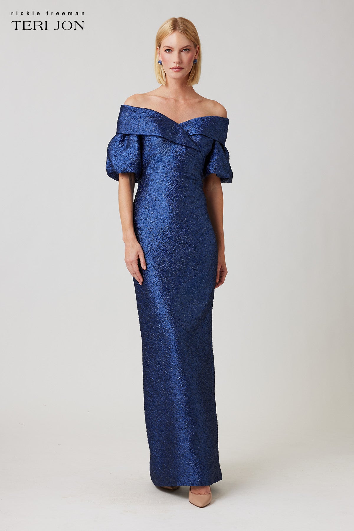 teri jon blue dress 246027 Approximately 58 inches Teri Jon Metallic Jacquard Puff