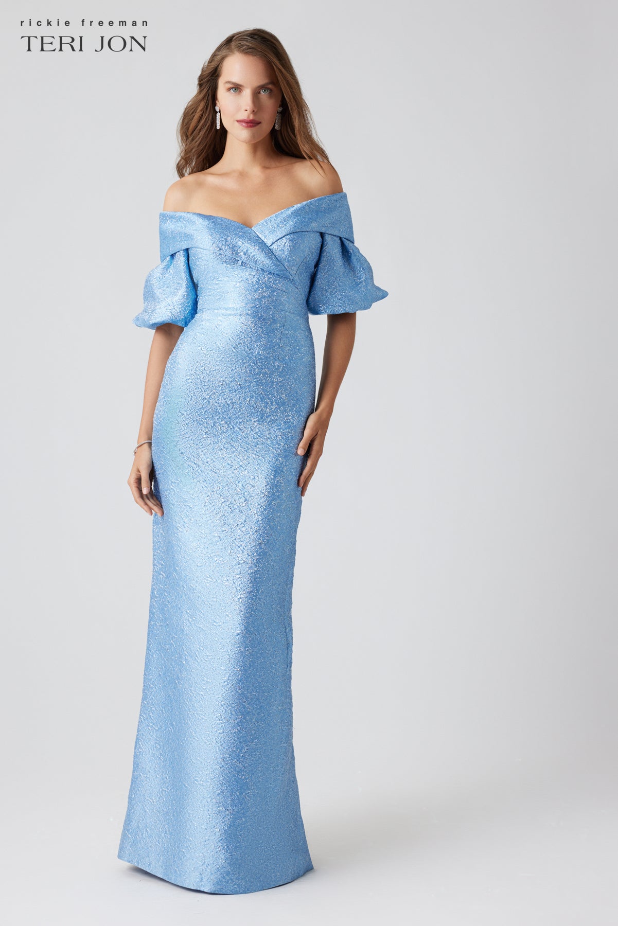 metallic puffer dress Metallic Jacquard Off Shoulder Puff Sleeve Gown – Terijon.com