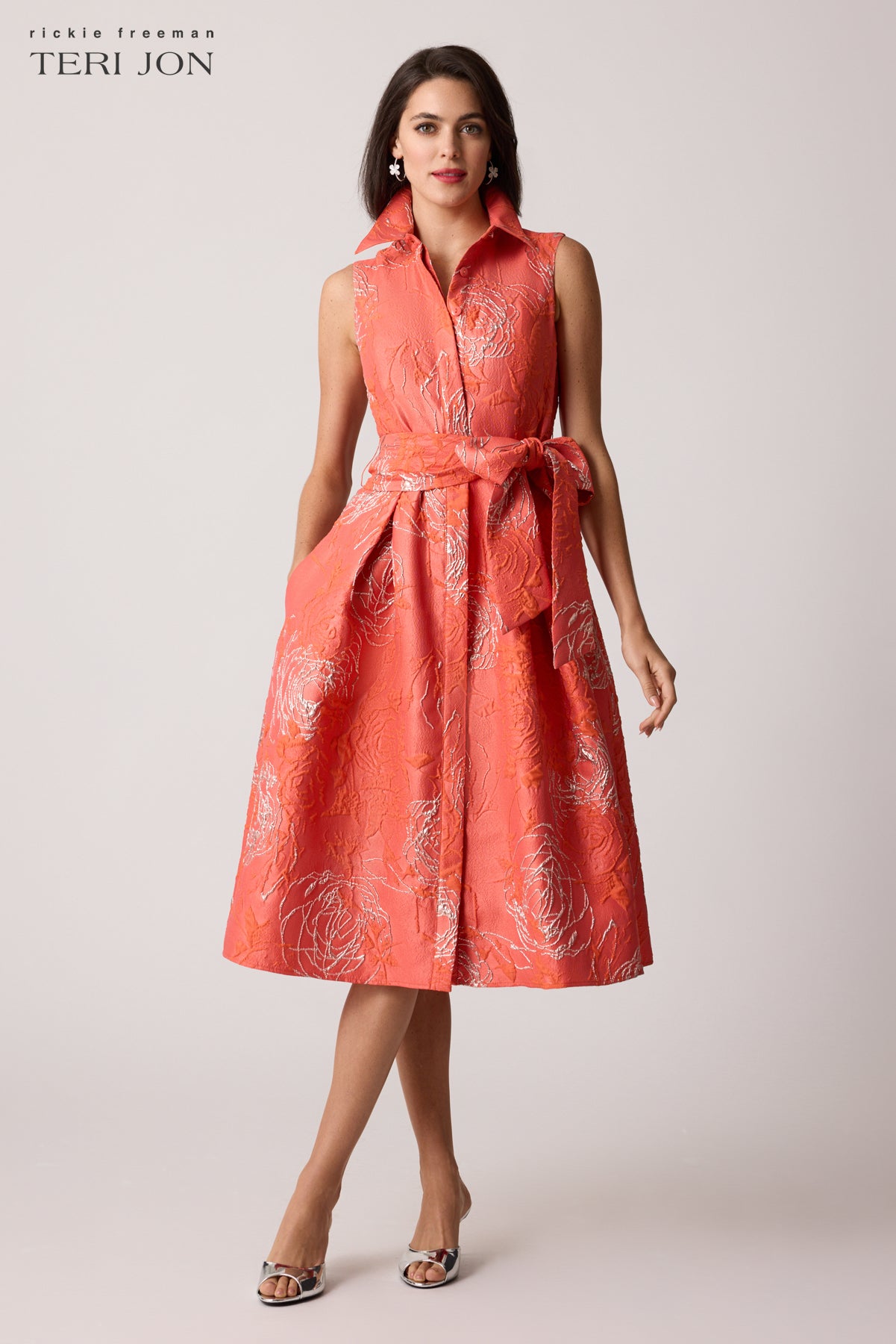 Metallic Floral Jacquard Sleeveless Shirt Dress – Terijon.com