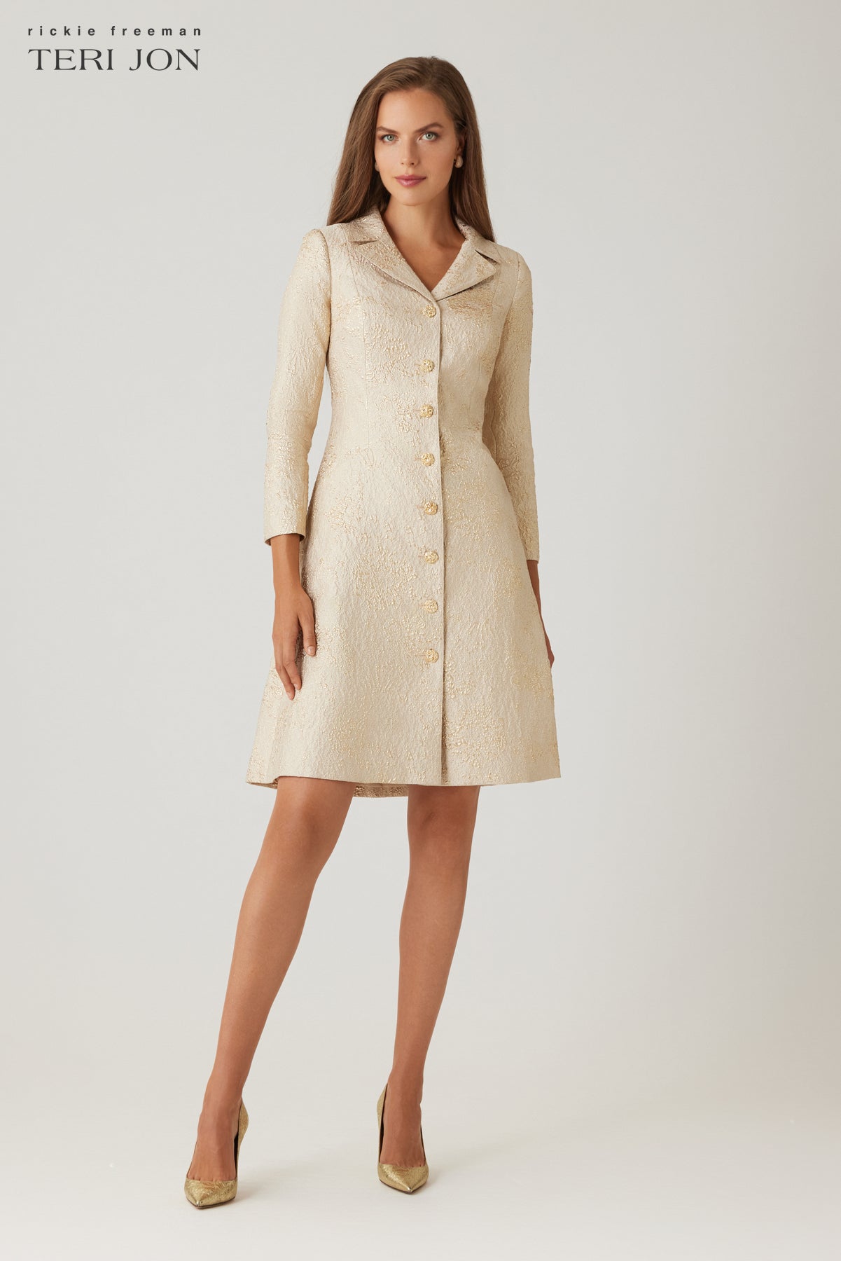 Metallic Jacquard Gold Trim Button Coat Dress Terijon.com Metallic Jacquard Gold Trim Button Coat Dress Terijon.com