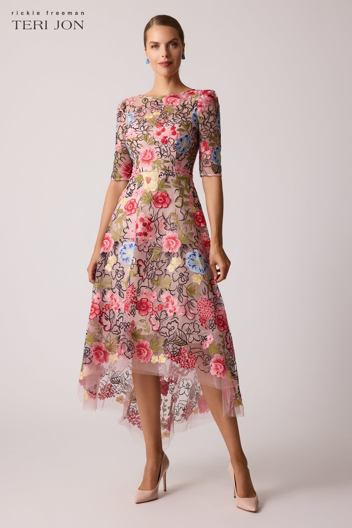 Teri Jon Embroidered Floral High Low Fit N Flare Dress Size 6 Teri Jon Embroidered Floral High Low Fit N Flare Dress Size 6
