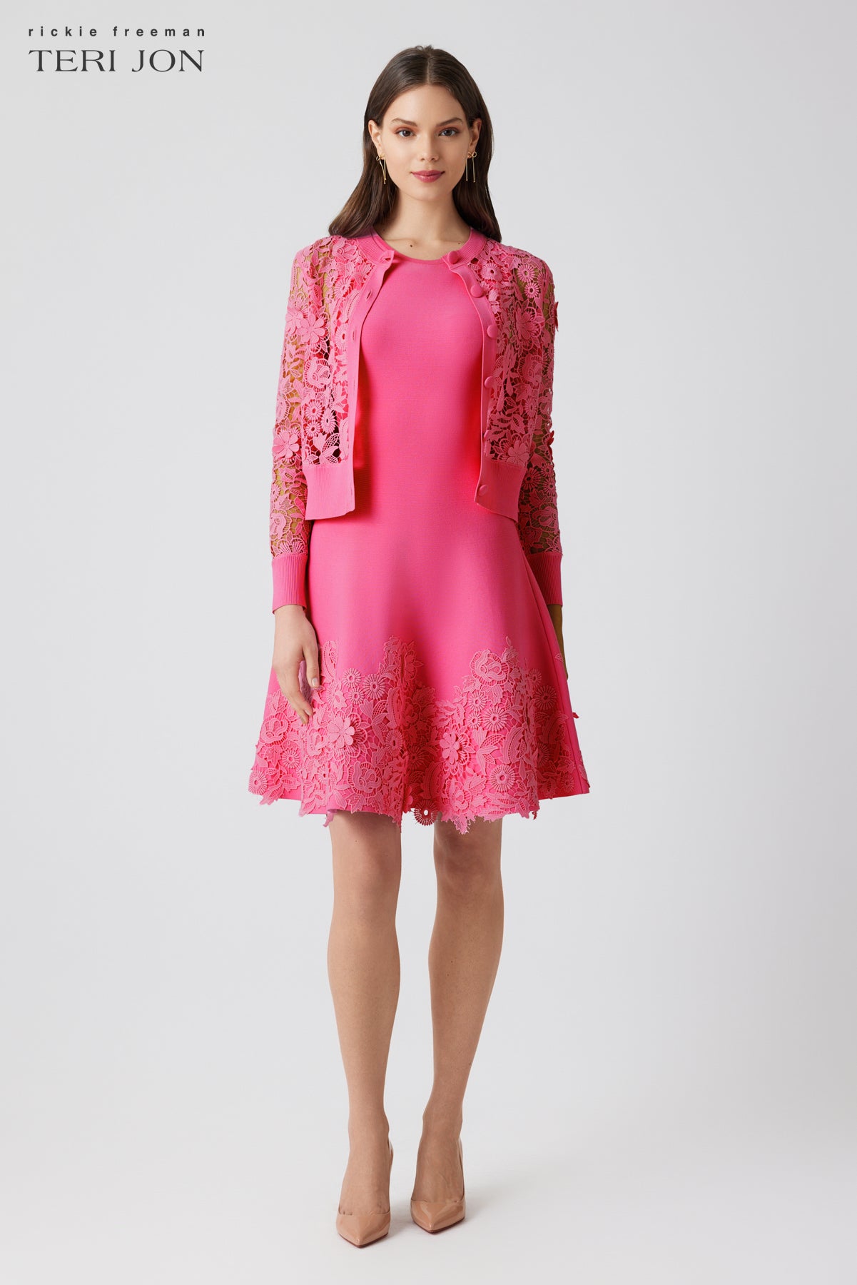 Rickie Freeman For Teri Jon Knit Fit-and-flare Lace Trim Dress