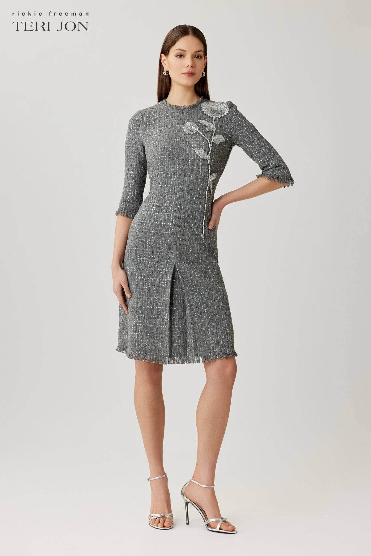 Metallic Tweed Flower Applique Fringe Sleeve Dress – Terijon.com