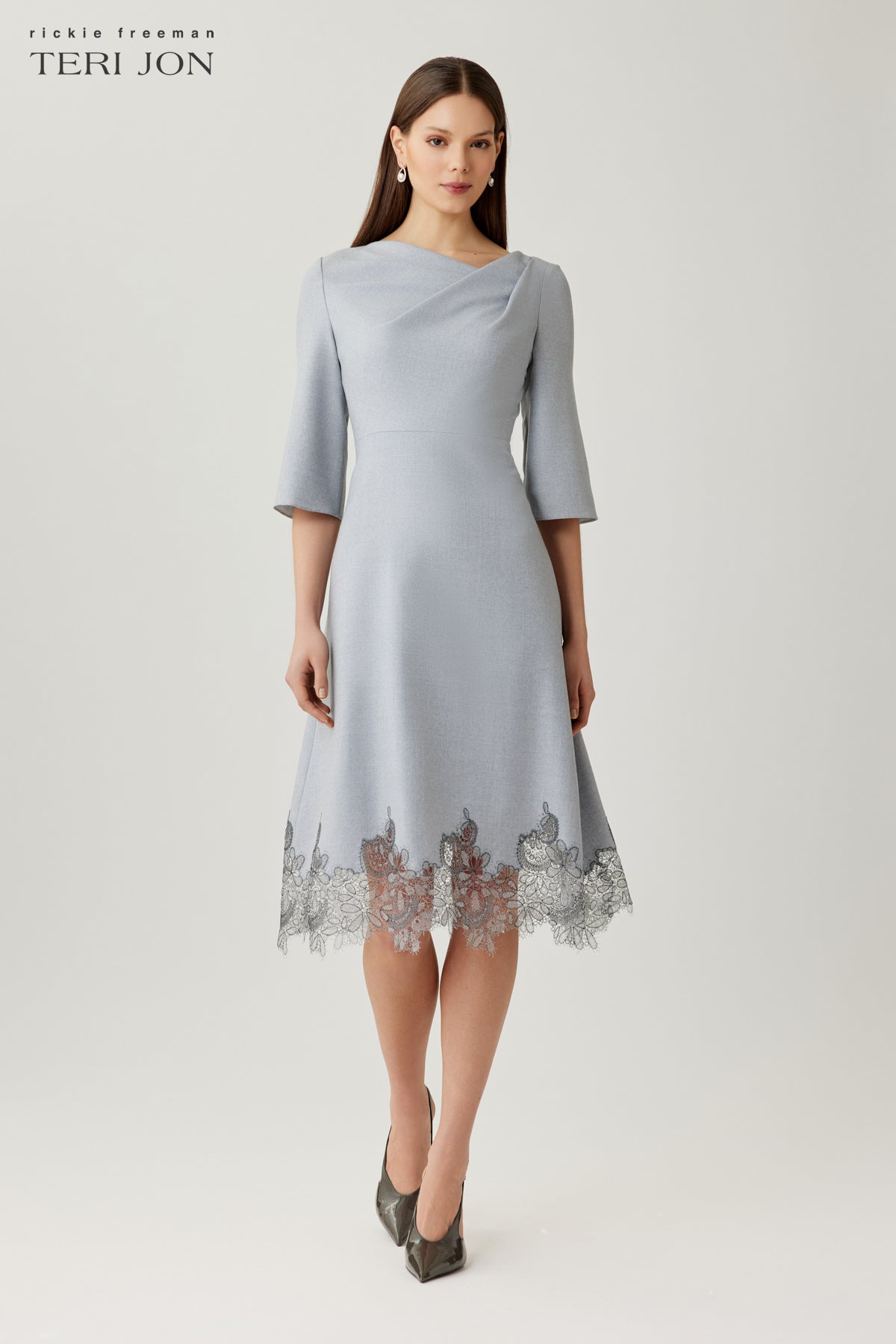 Asymmetrical Drape Lace Hem Dress –