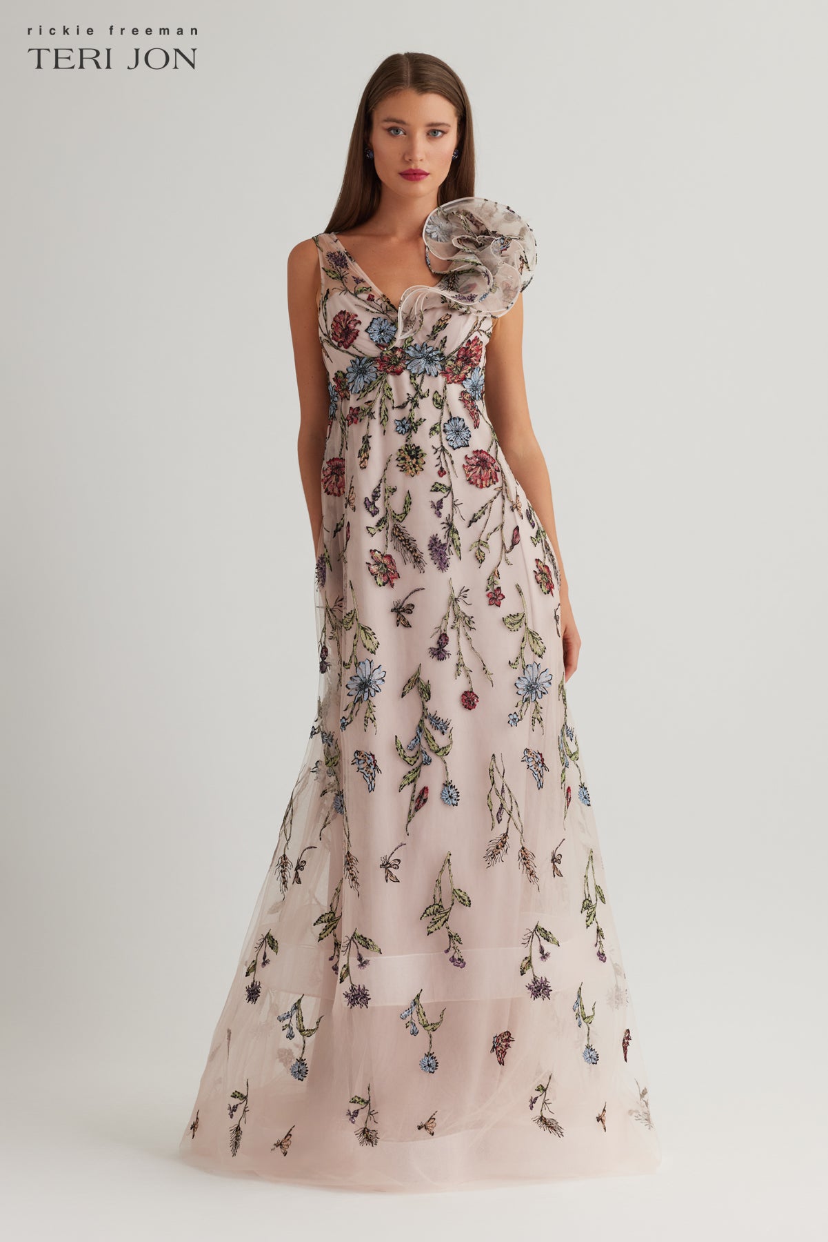 teri jon embroidered tulle dress Embroidered Tulle Cap Sleeve Fit And Flare Gown – Terijon.com