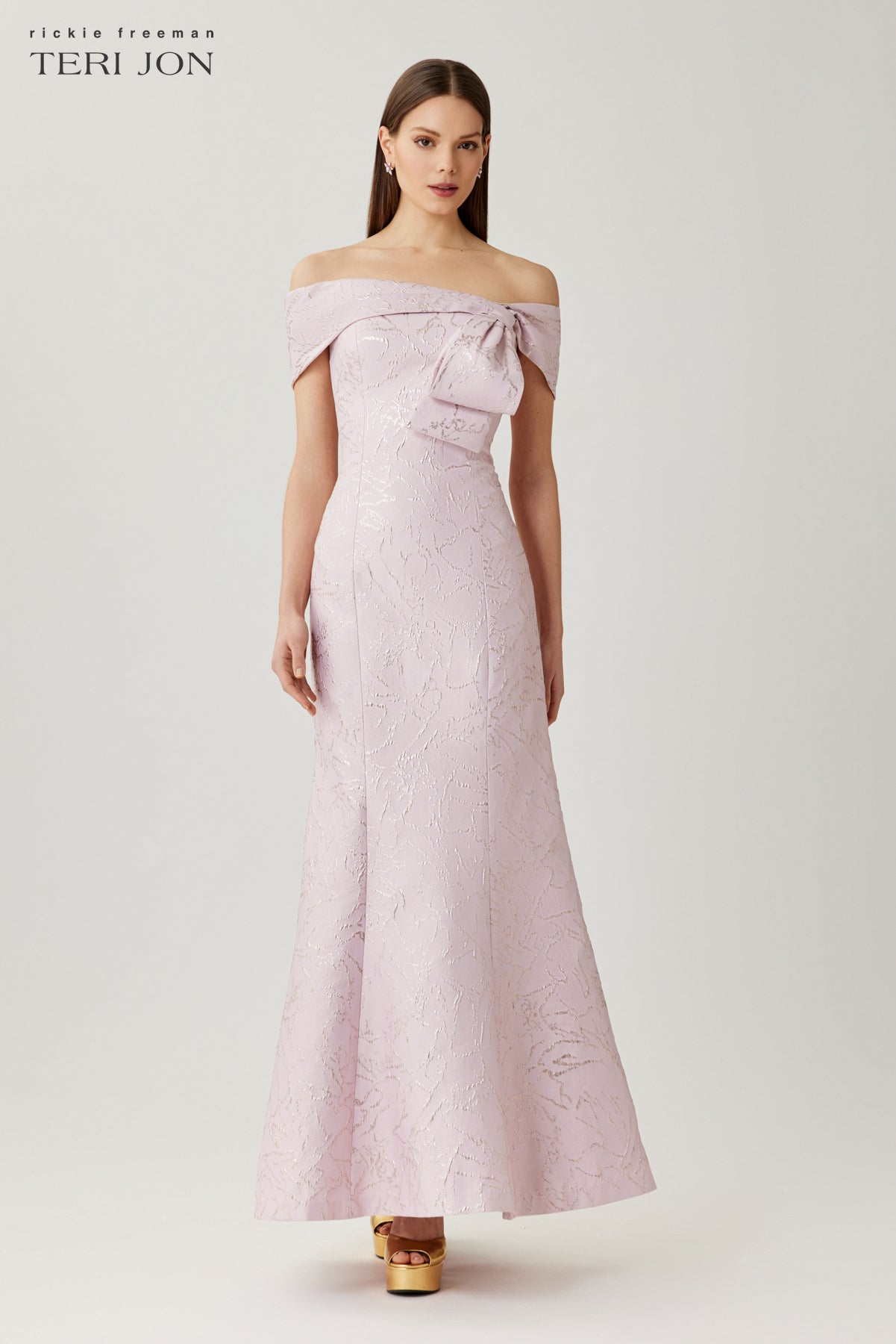 Teri Jon Jacquard Asymmetrical Off The Shoulder Side Bow Godet Gown Size 12