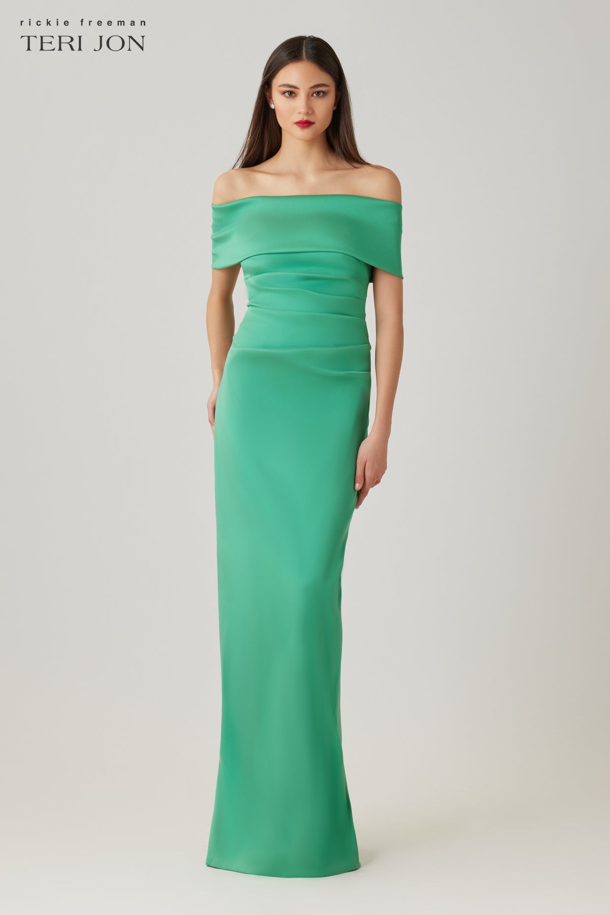 teri jon off the shoulder dress Teri Jon By Rickie Freeman Women's Off-The-Shoulder Mikado Column Gown - Kiwi Green