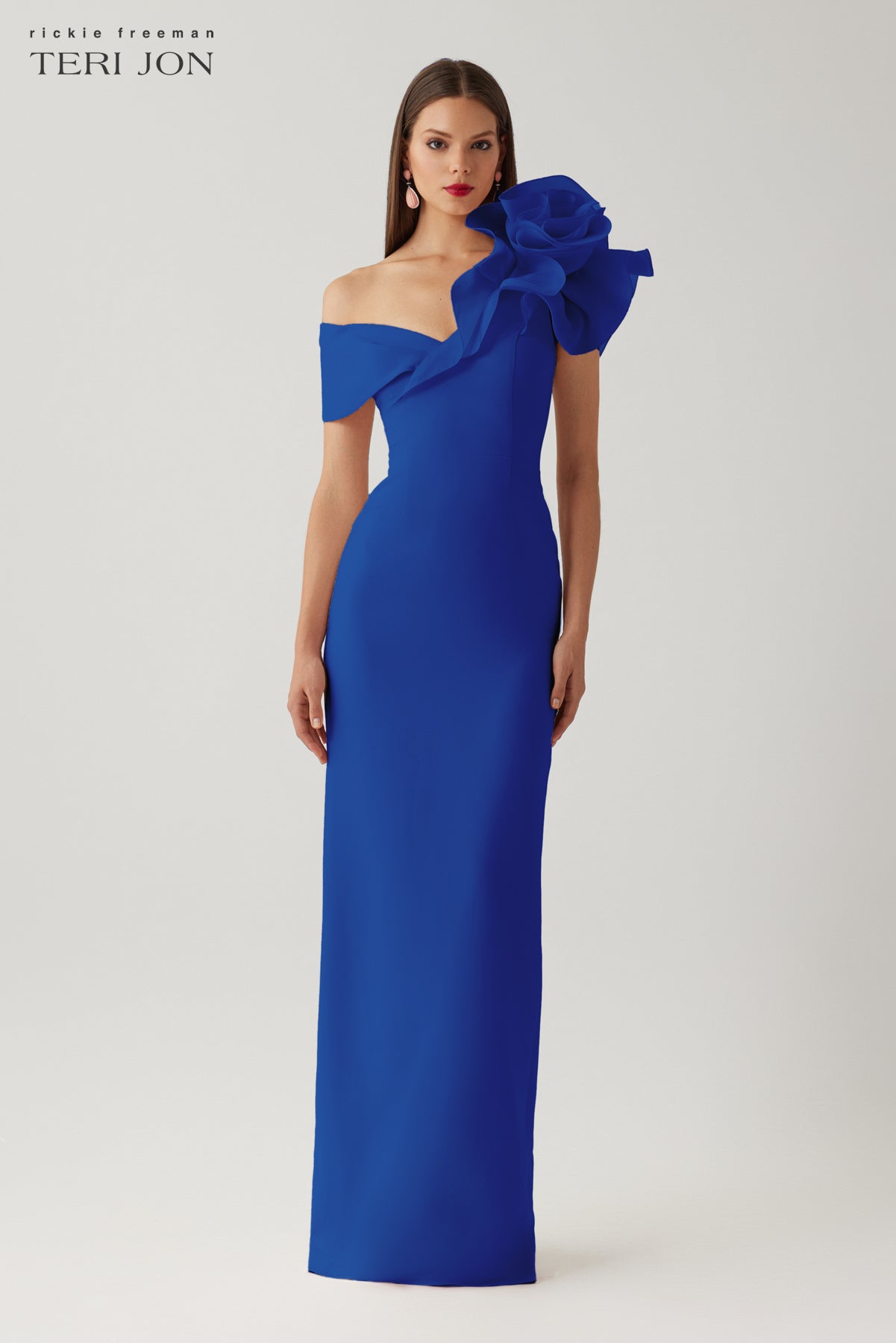 Crepe Asymmetrical Off The Shoulder Organza Ruffle Column Gown