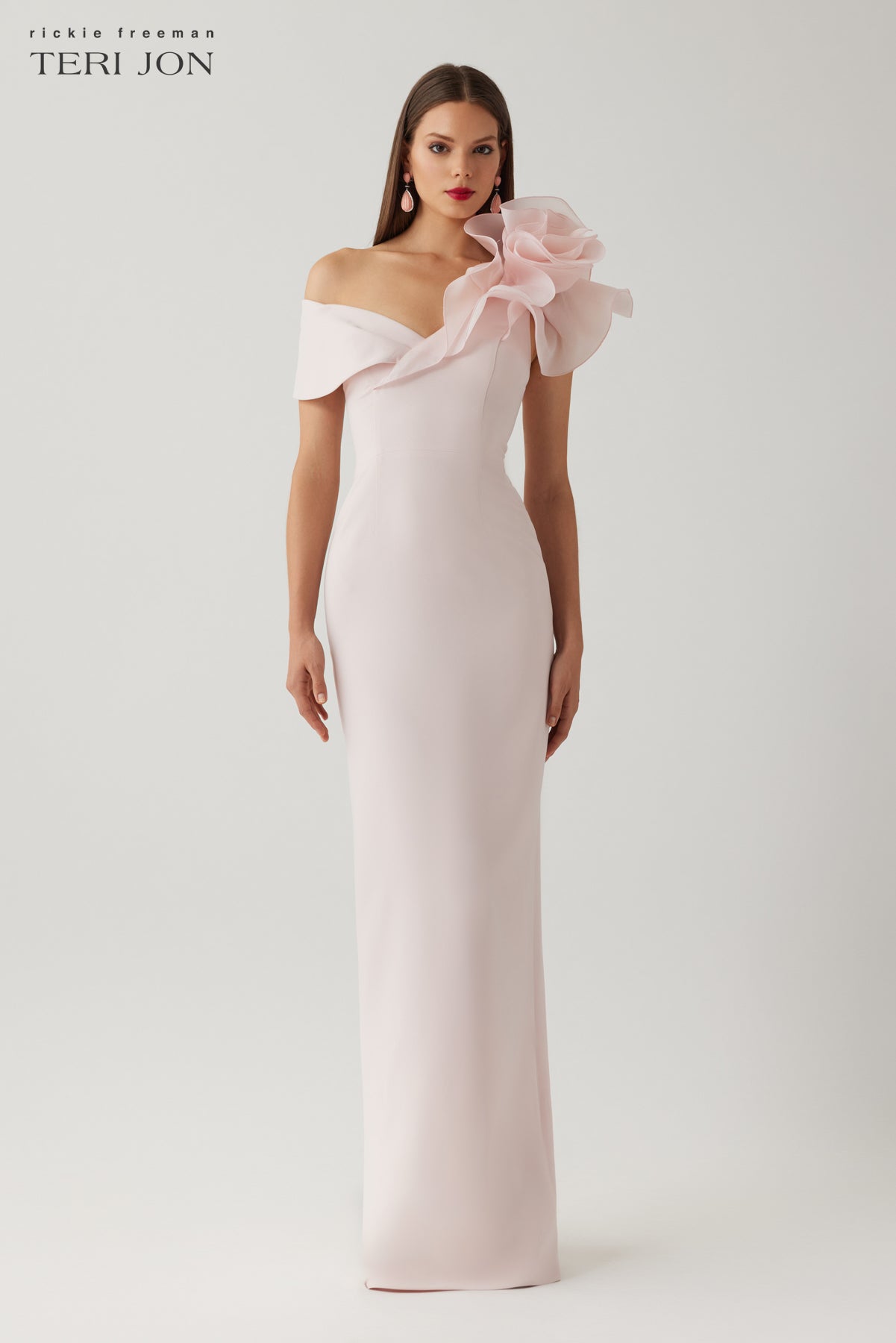 teri jon asymmetrical peplum dress Teri Jon Scuba Off The Shoulder Cuff Peplum Gown with 3D Floral Trim Size 22