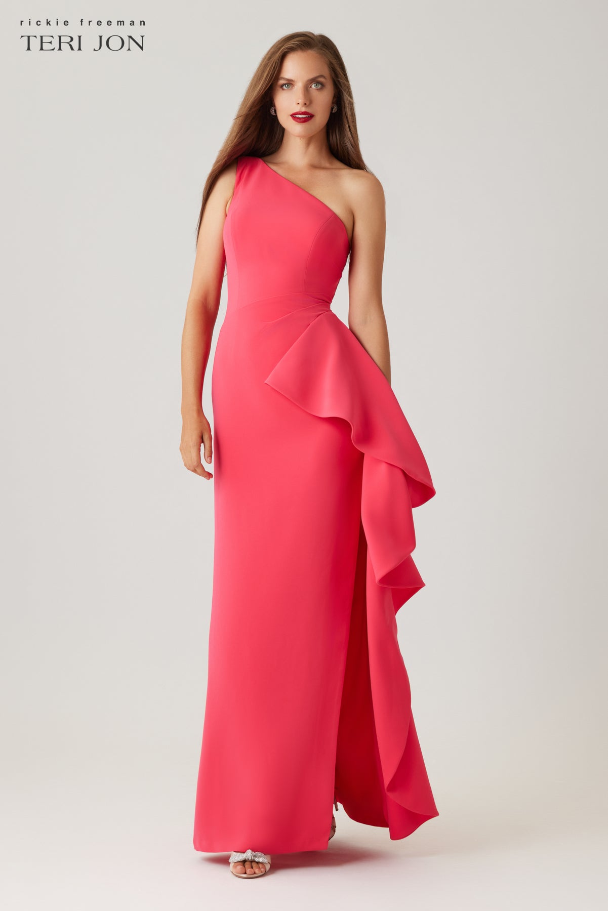 Crepe One Shoulder Side Drape Cascade Ruffle Gown – Terijon.com