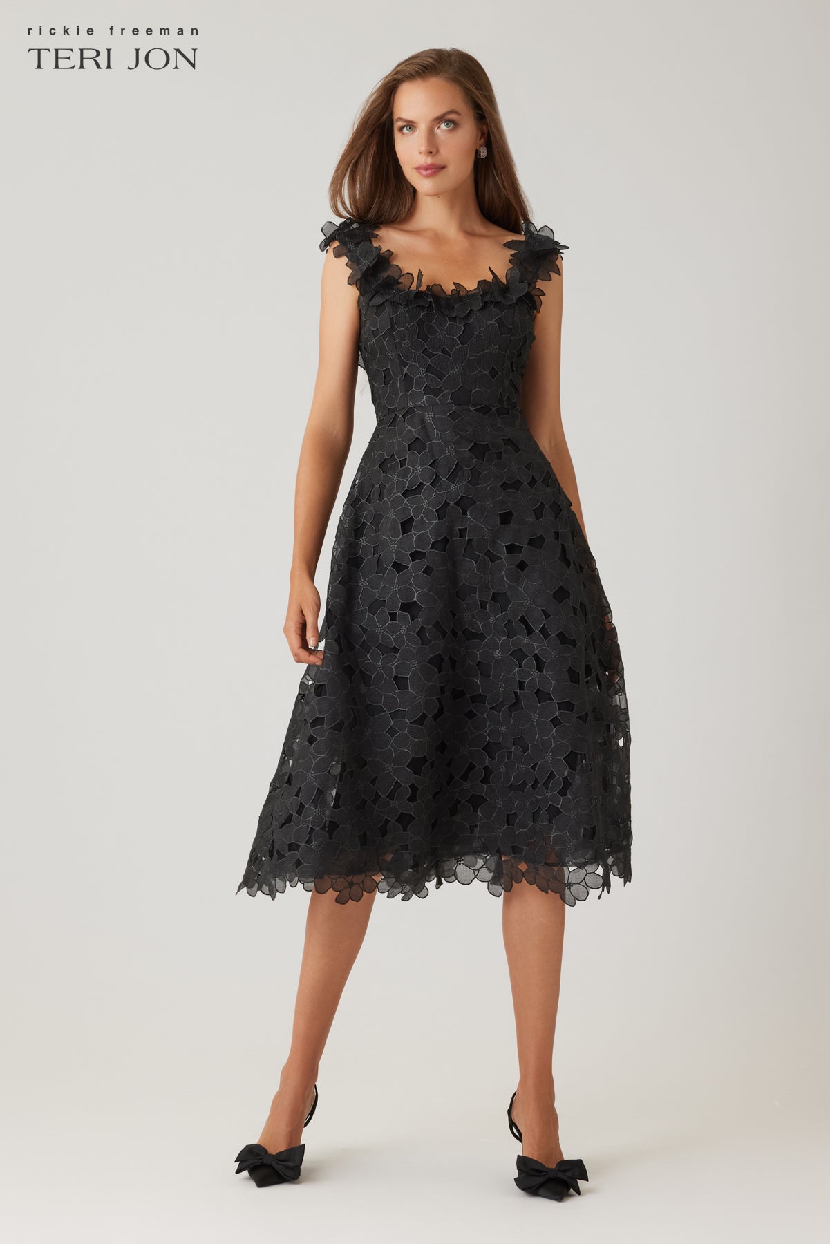 Teri Jon By Rickie Freeman Women's 3D Floral Organza Lace A-Line Midi-Dress - Black Multi - Size 10 Teri Jon By Rickie Freeman Women's 3D Floral Organza Lace A-Line Midi-Dress - Black Multi - Size 10